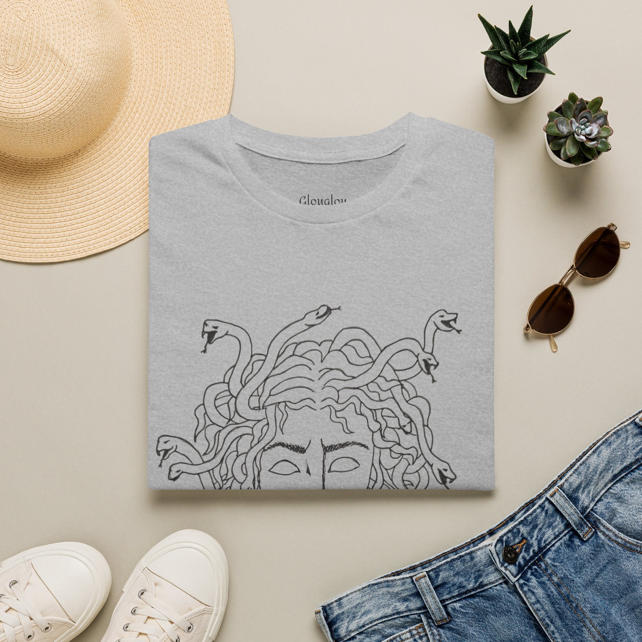 Medusa Line Art T-Shirt | Mythology Snake Hair Illustration