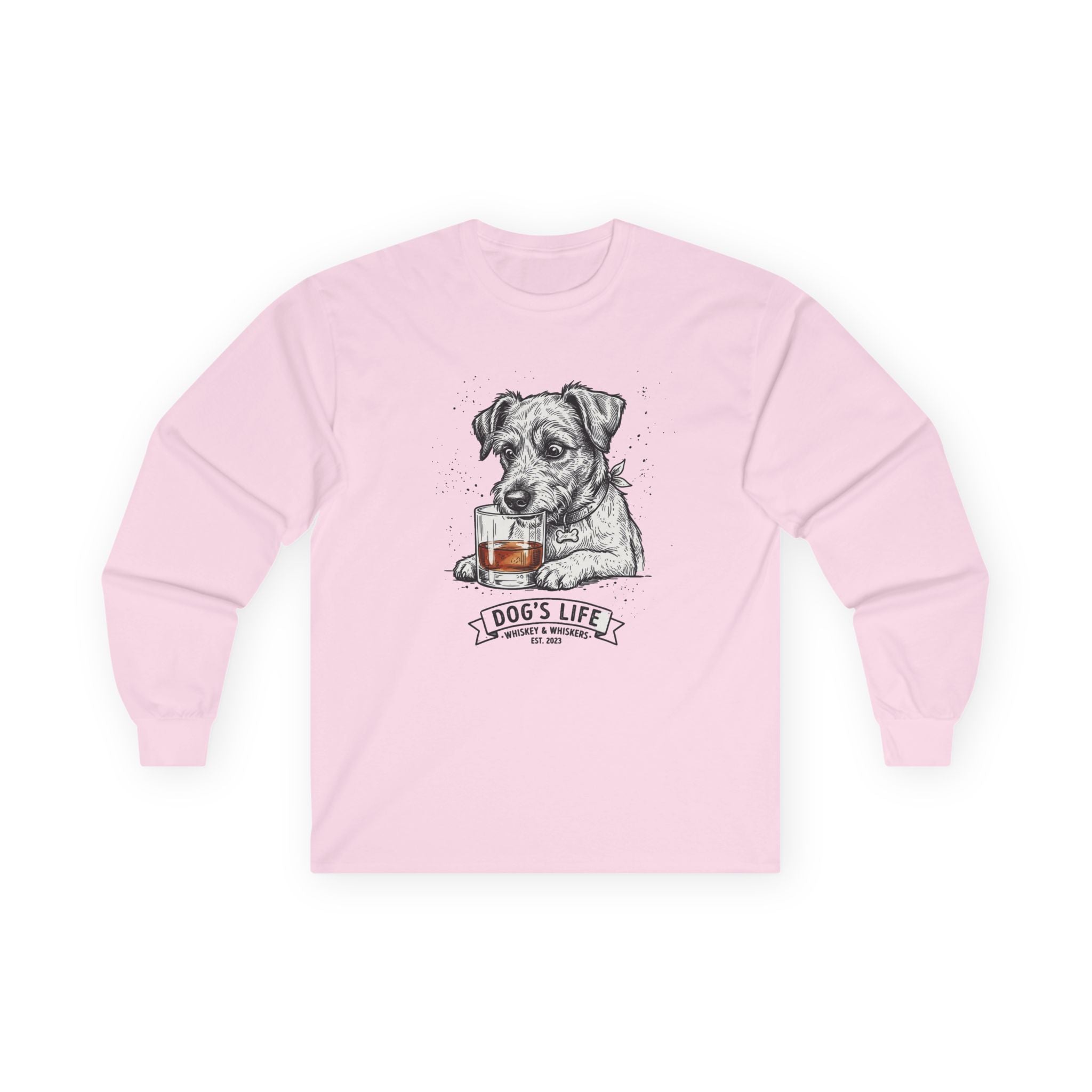 Long Sleeve Tee — "Dog's Life" Jack Russell & Whiskey Graphic