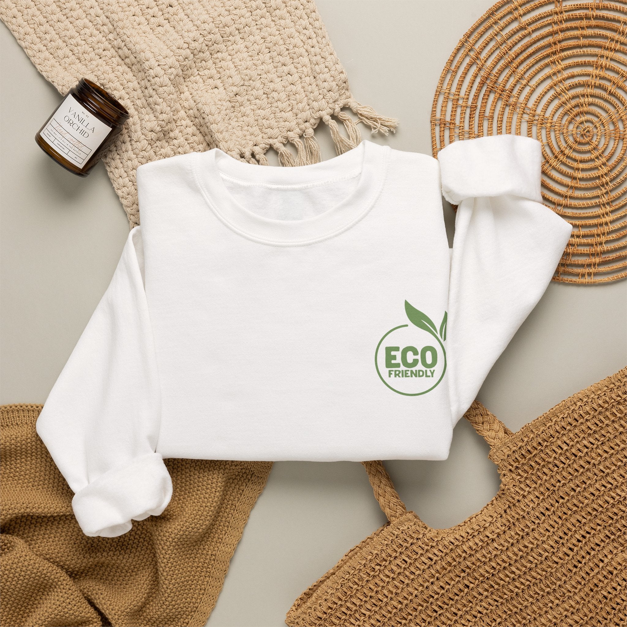 Eco Friendly Crewneck Sweatshirt — Small Green "ECO friendly" Logo