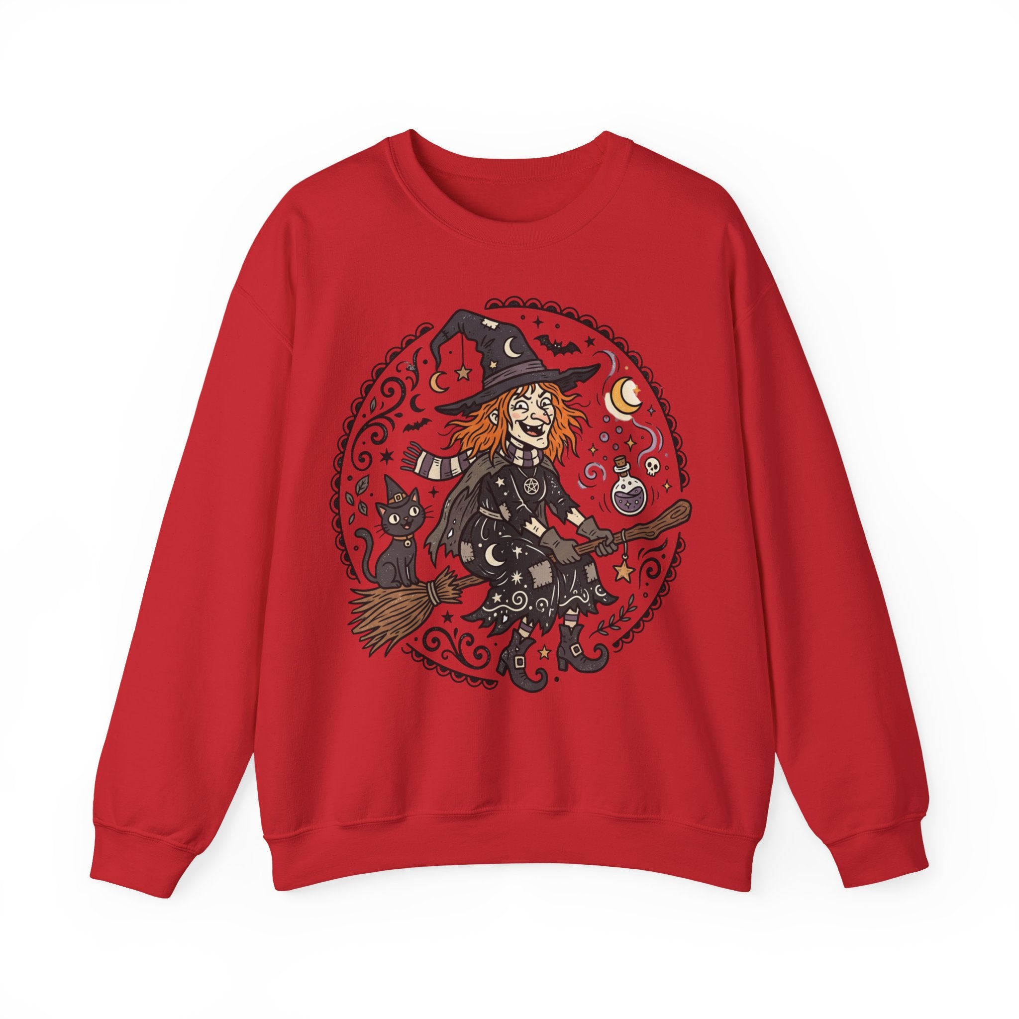 Witch & Black Cat Crewneck Sweatshirt — Halloween Witch Broom Graphic