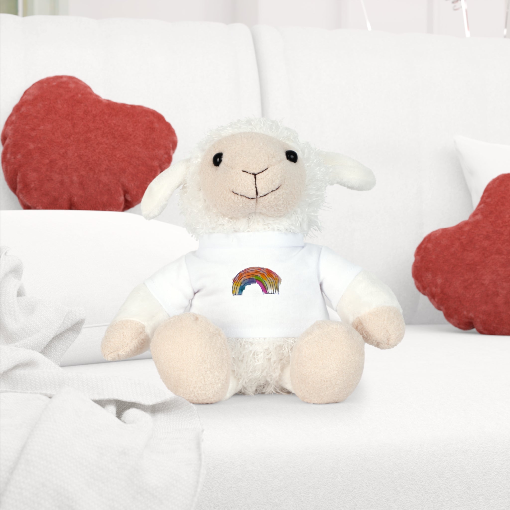 Rainbow Heart Teddy Plush with White T‑Shirt — Cute Rainbow Design Stuffed Bear Gift