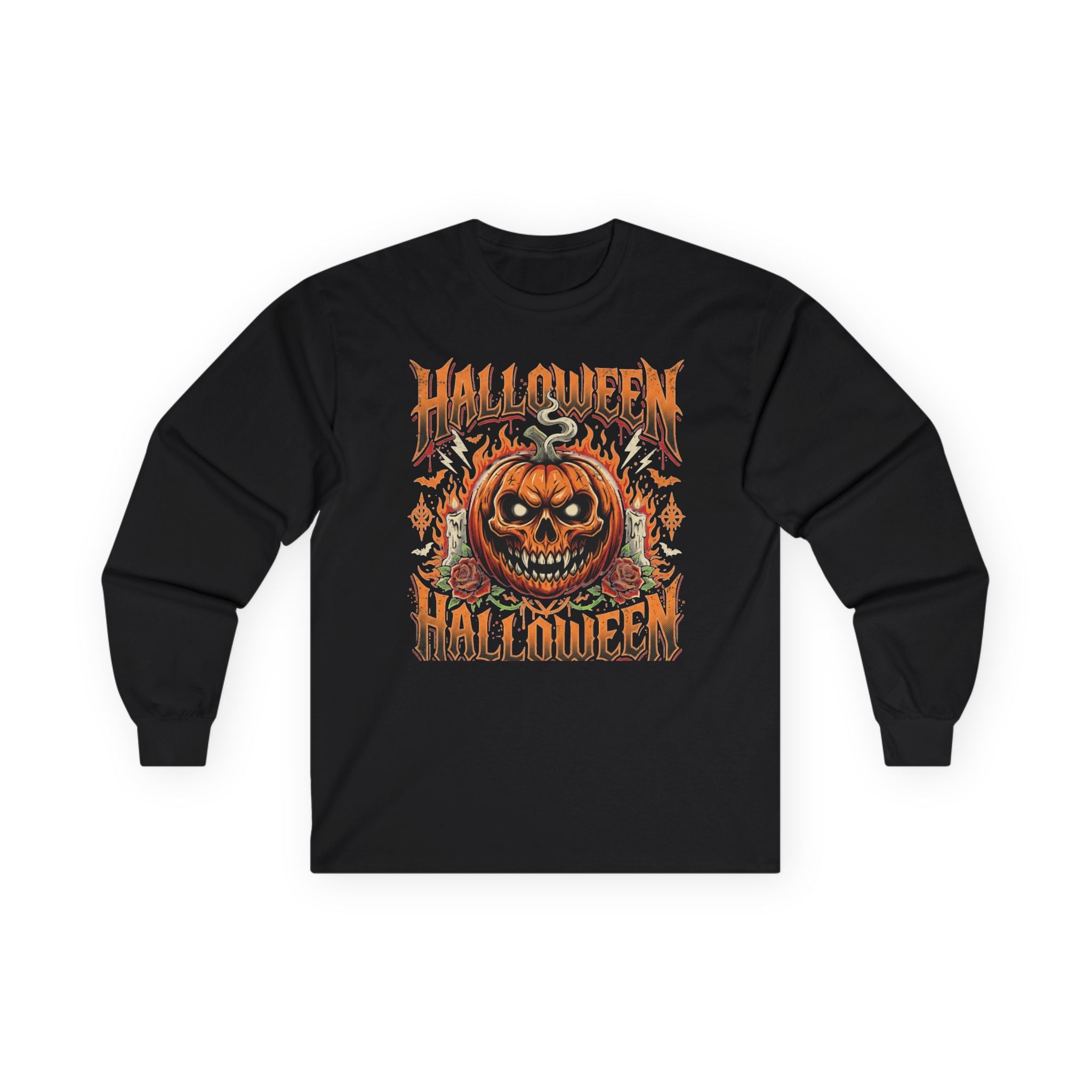 Halloween Pumpkin Long Sleeve Tee — Retro Scary Jack-O'-Lantern Graphic