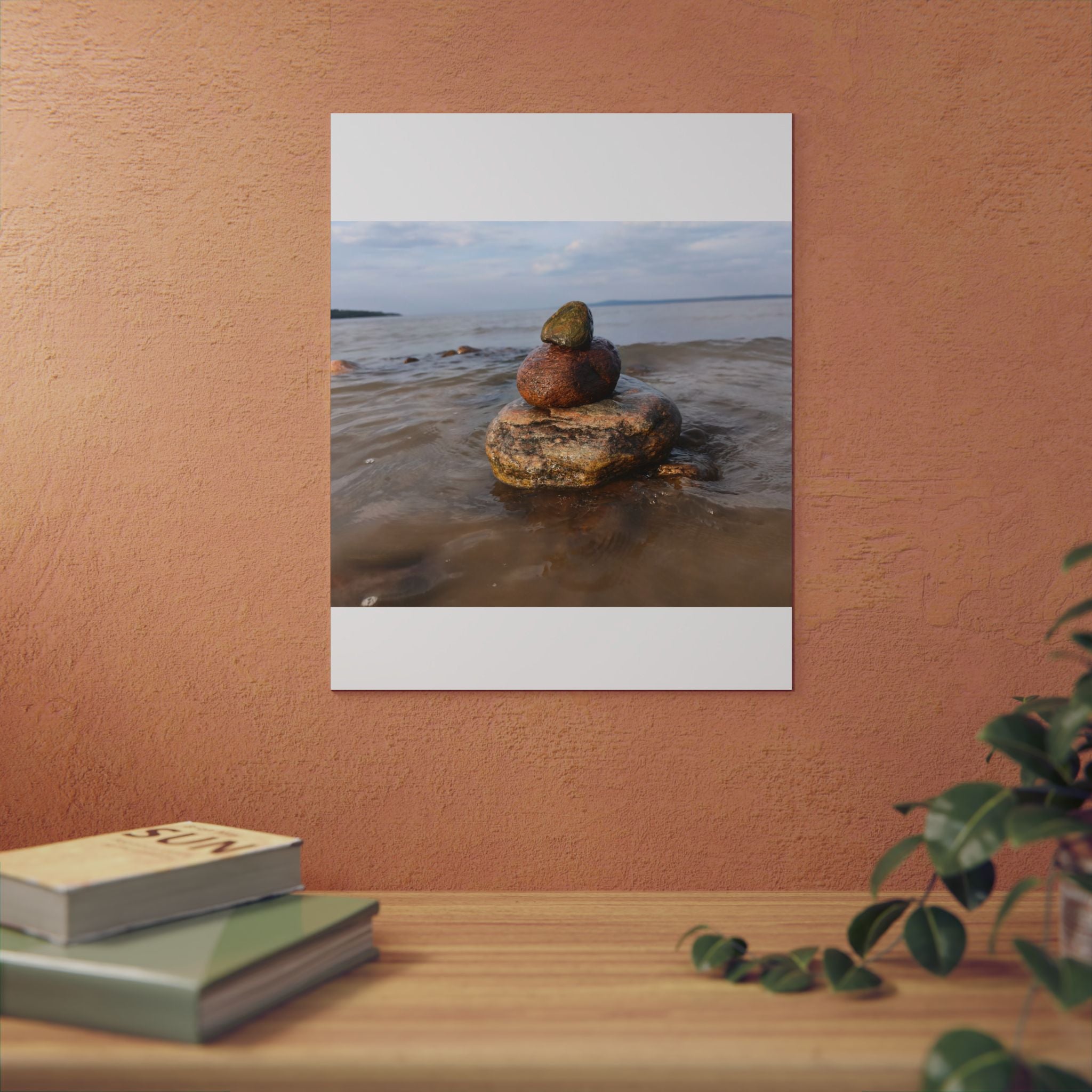 Stacked Beach Rocks Aluminum Panel Wall Art — Serene Coastal Zen Photo Print