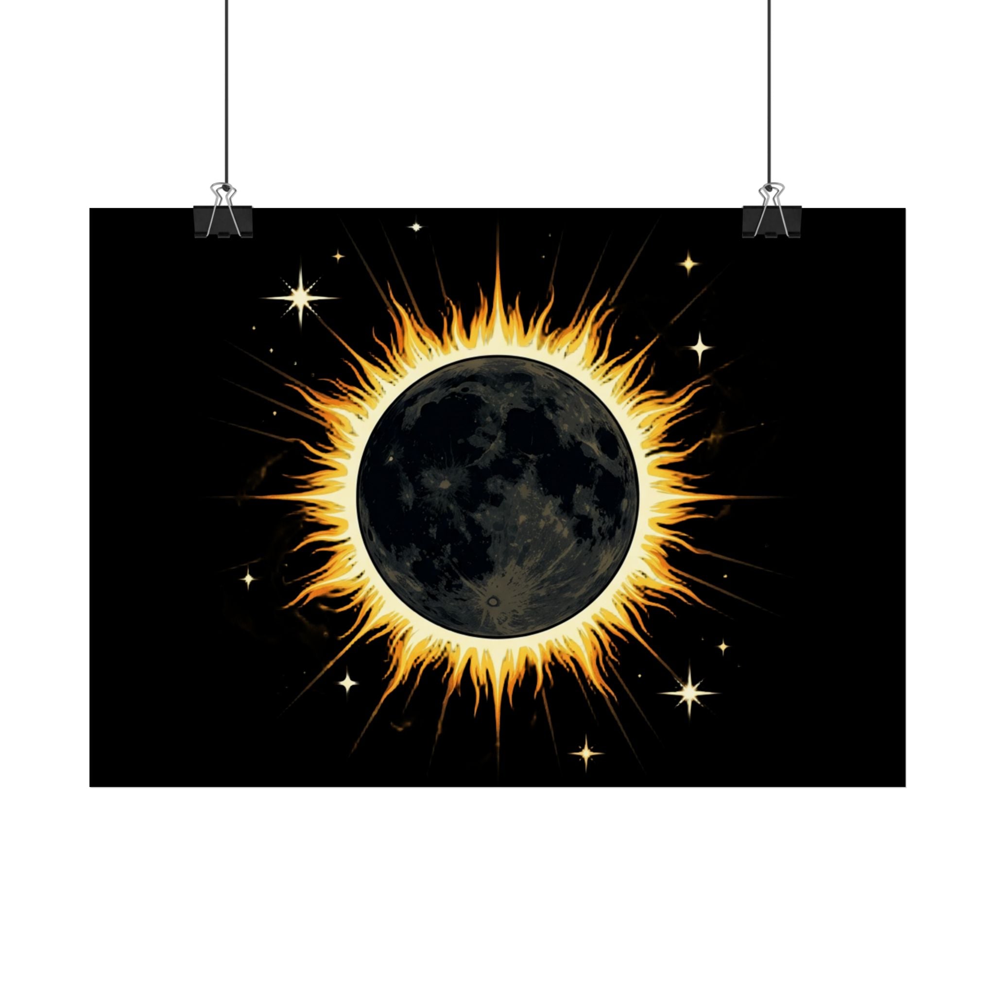 Solar Eclipse Wall Poster — Black Moon with Golden Flame Art Print