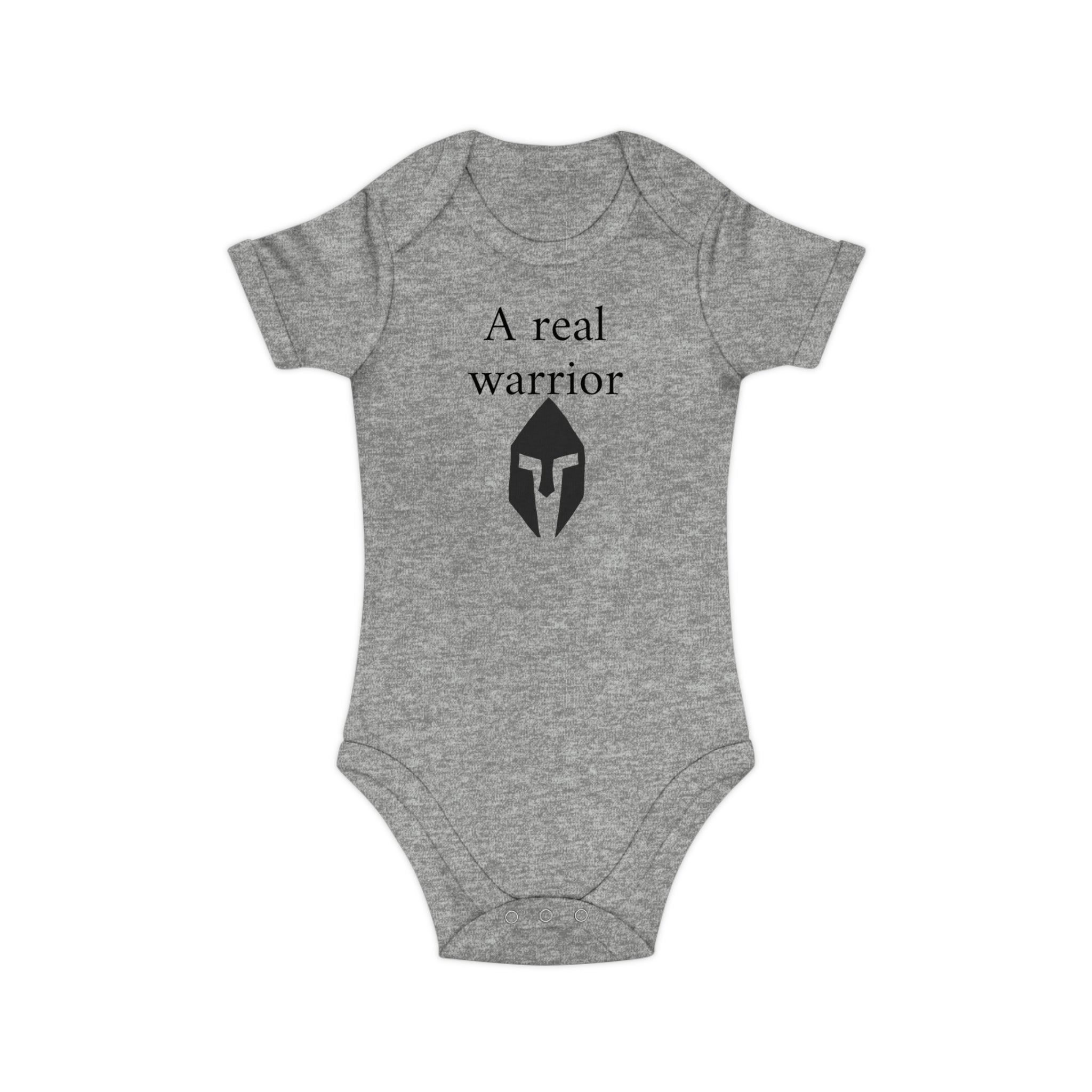 Baby Bodysuit “A Real Warrior” – Infant Onesie with Spartan Helmet Design