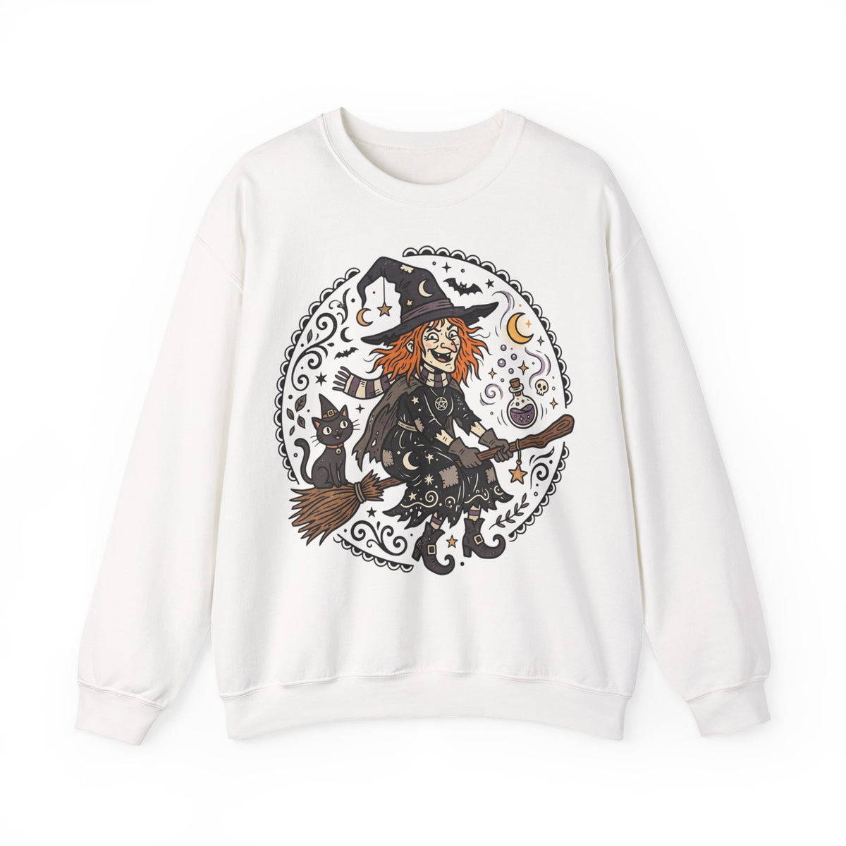Witch & Black Cat Crewneck Sweatshirt — Halloween Witch Broom Graphic