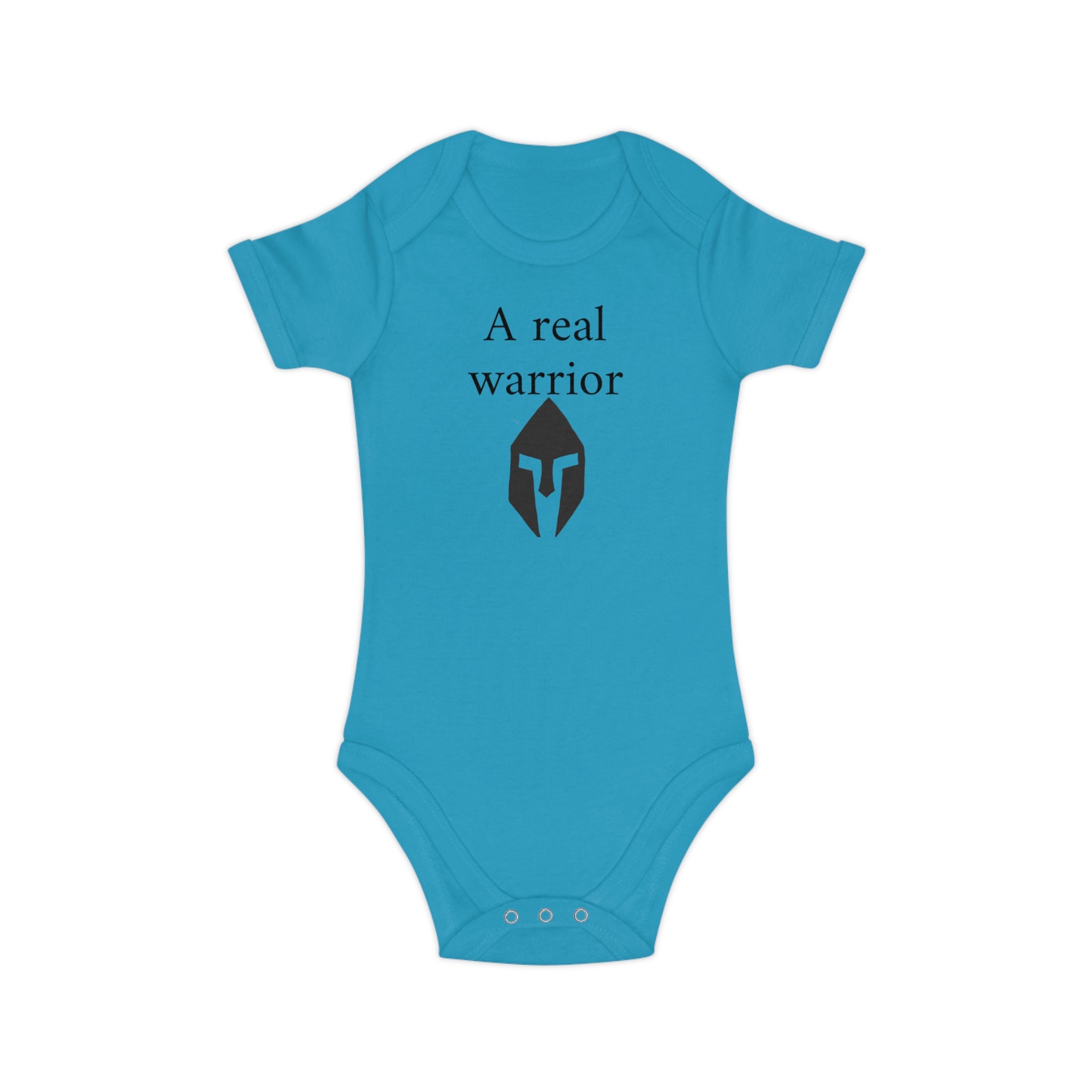 Baby Bodysuit “A Real Warrior” – Infant Onesie with Spartan Helmet Design
