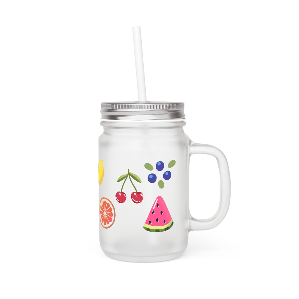 Fruit Pattern Mason Jar Cup with Straw — Summer Picnic Drink Tumbler