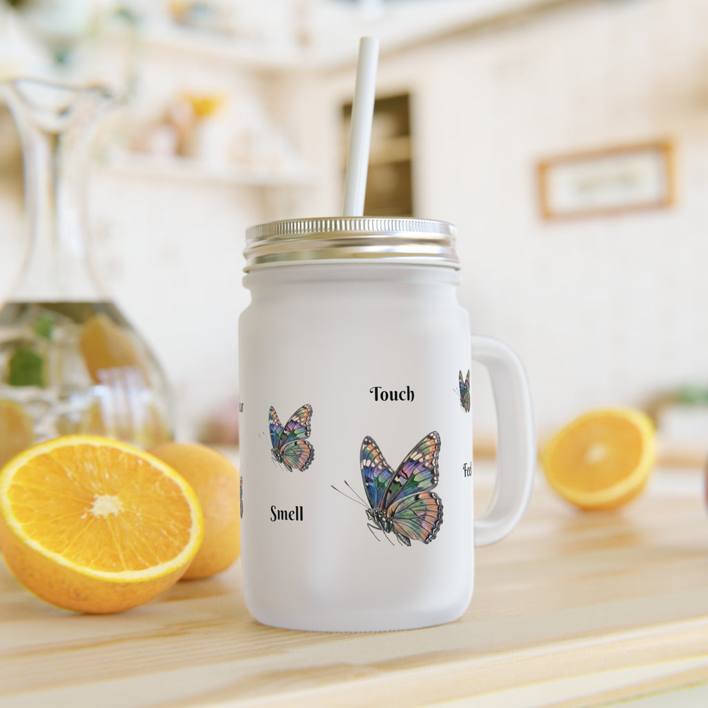 Butterfly Mason Jar Tumbler – Frosted Glass Jar with Colorful Butterfly Design