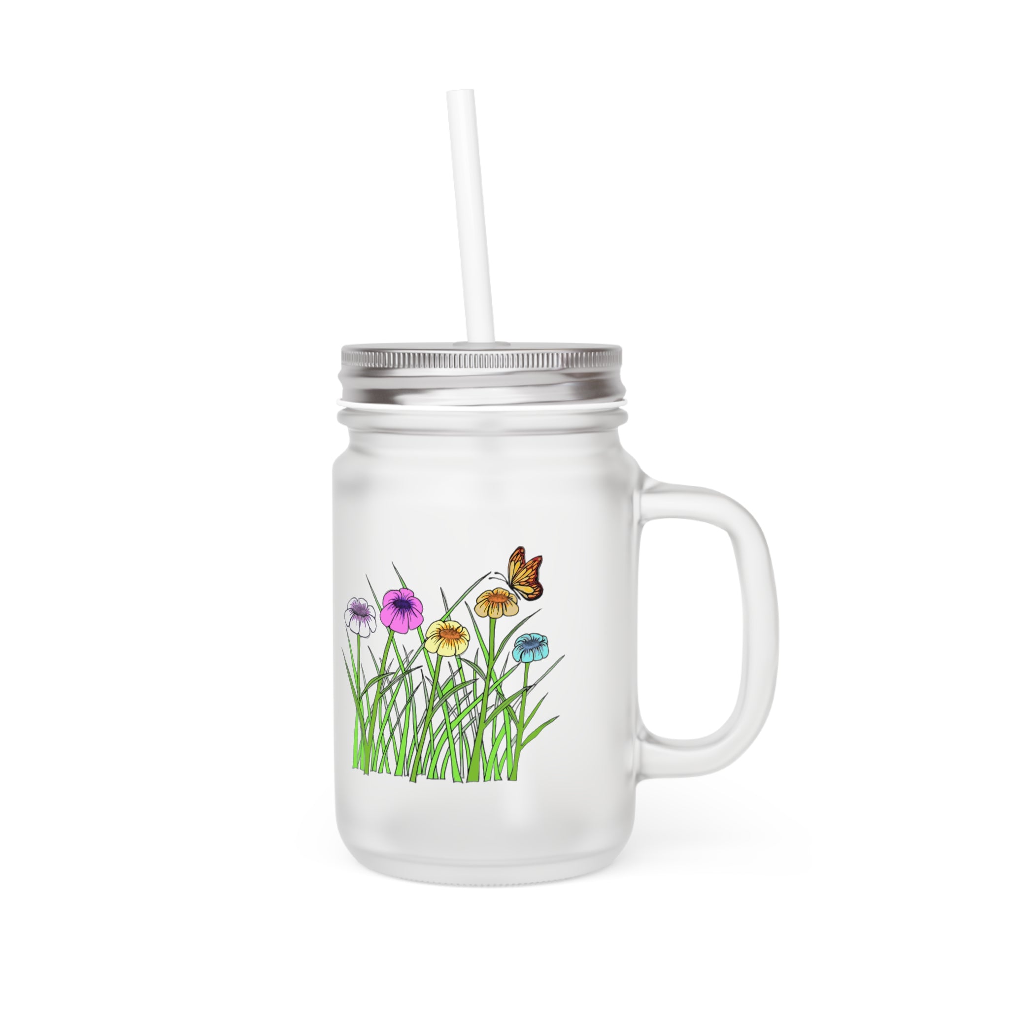 Floral Meadow Mason Jar Tumbler — Glass Mason Jar with Straw, Wildflower Garden Design