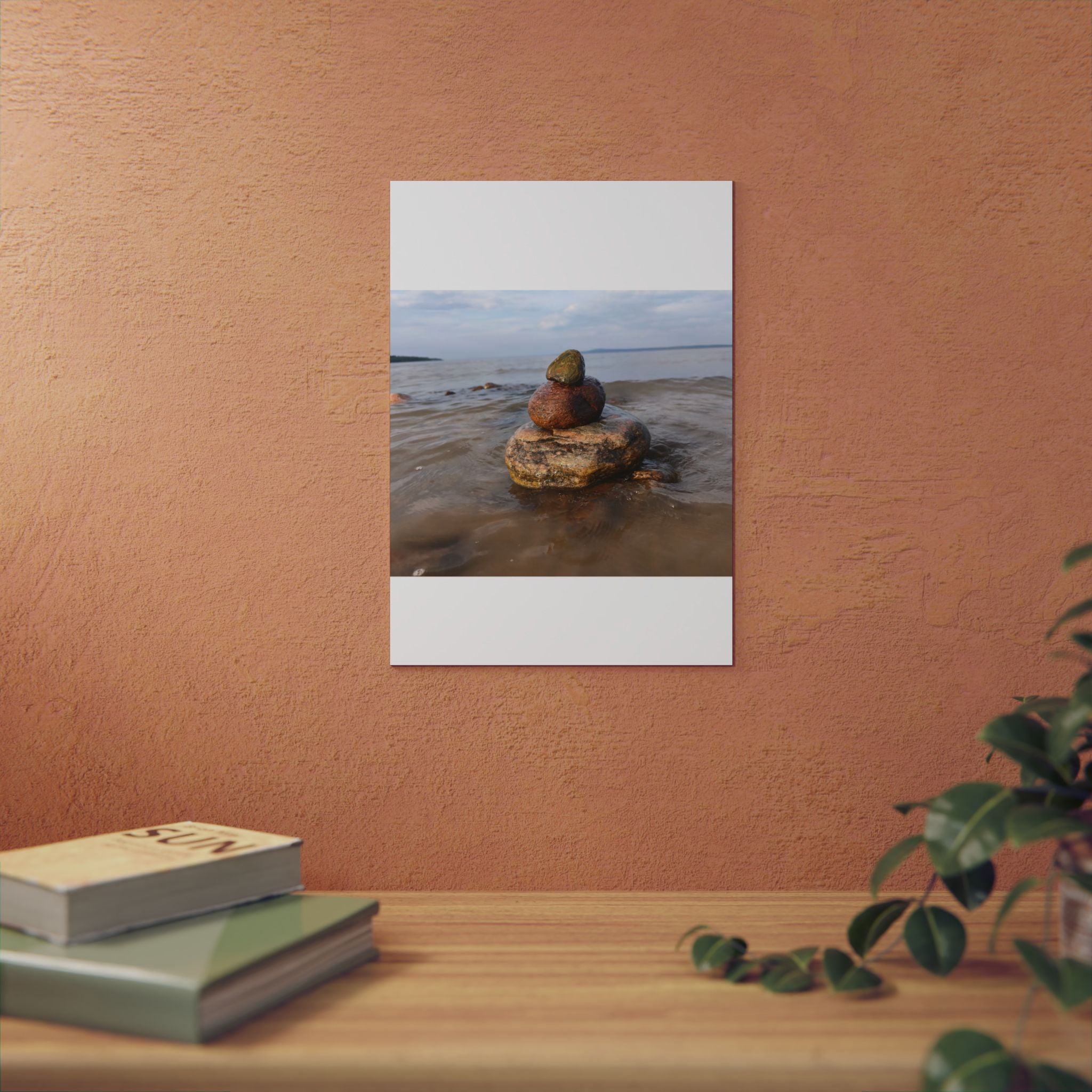 Stacked Beach Rocks Aluminum Panel Wall Art — Serene Coastal Zen Photo Print