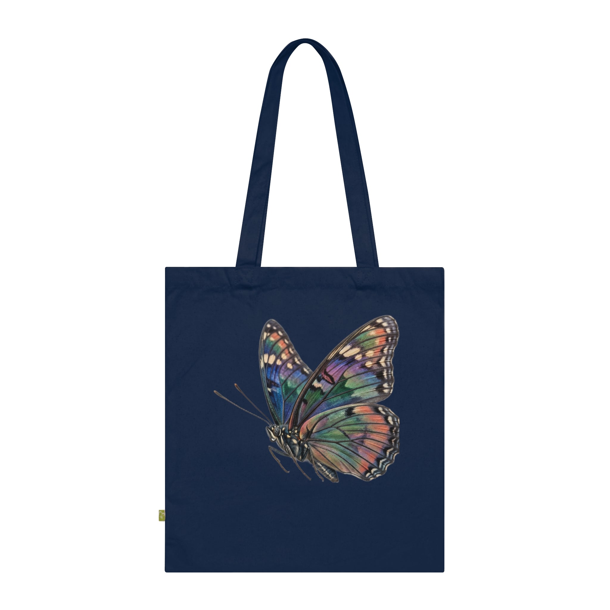 Navy Organic Tote Bag with Watercolor Rainbow Butterfly — Eco-Friendly Market & Gift Tote