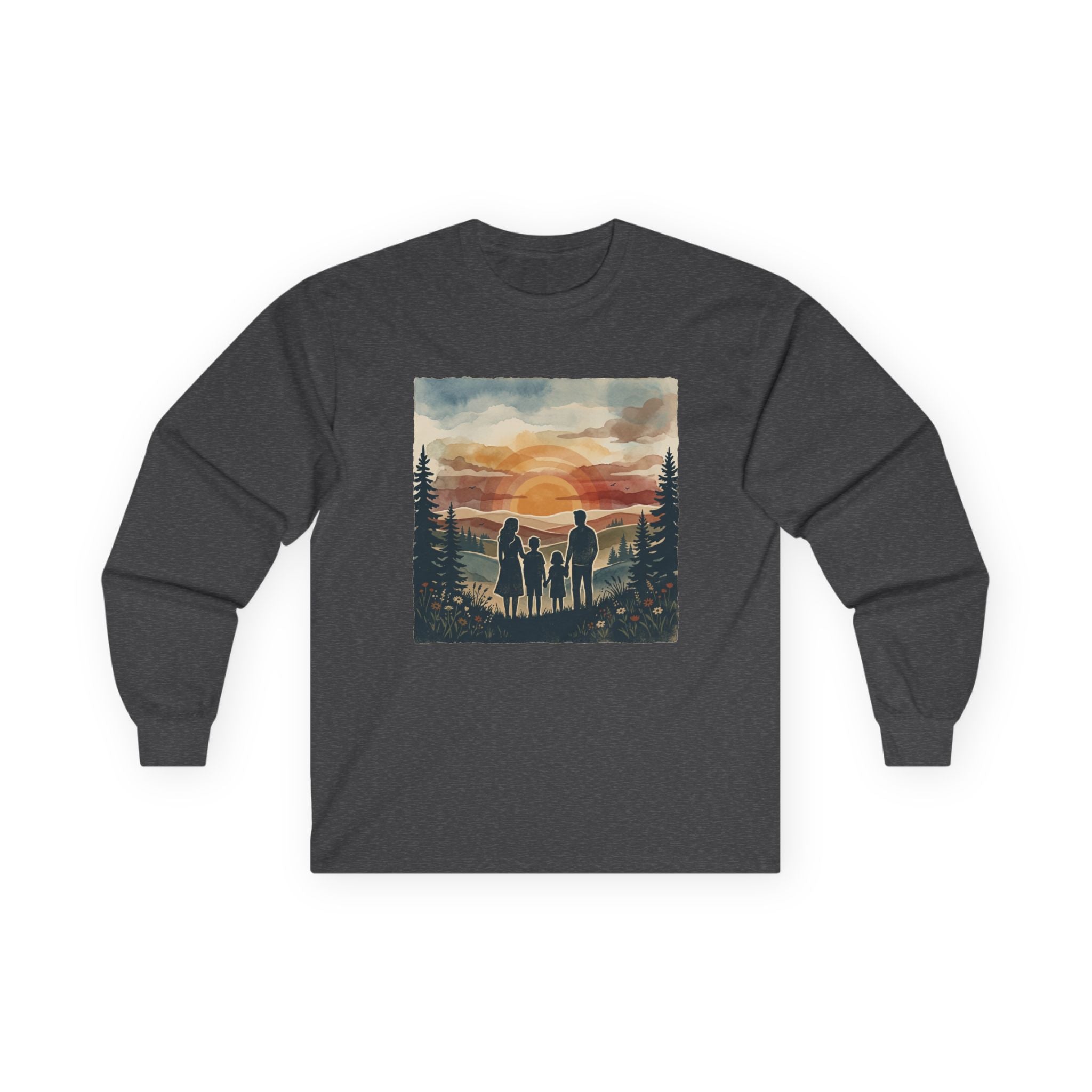 Family Camping Sunset Long Sleeve Tee — Silhouette Outdoor Graphic Shirt