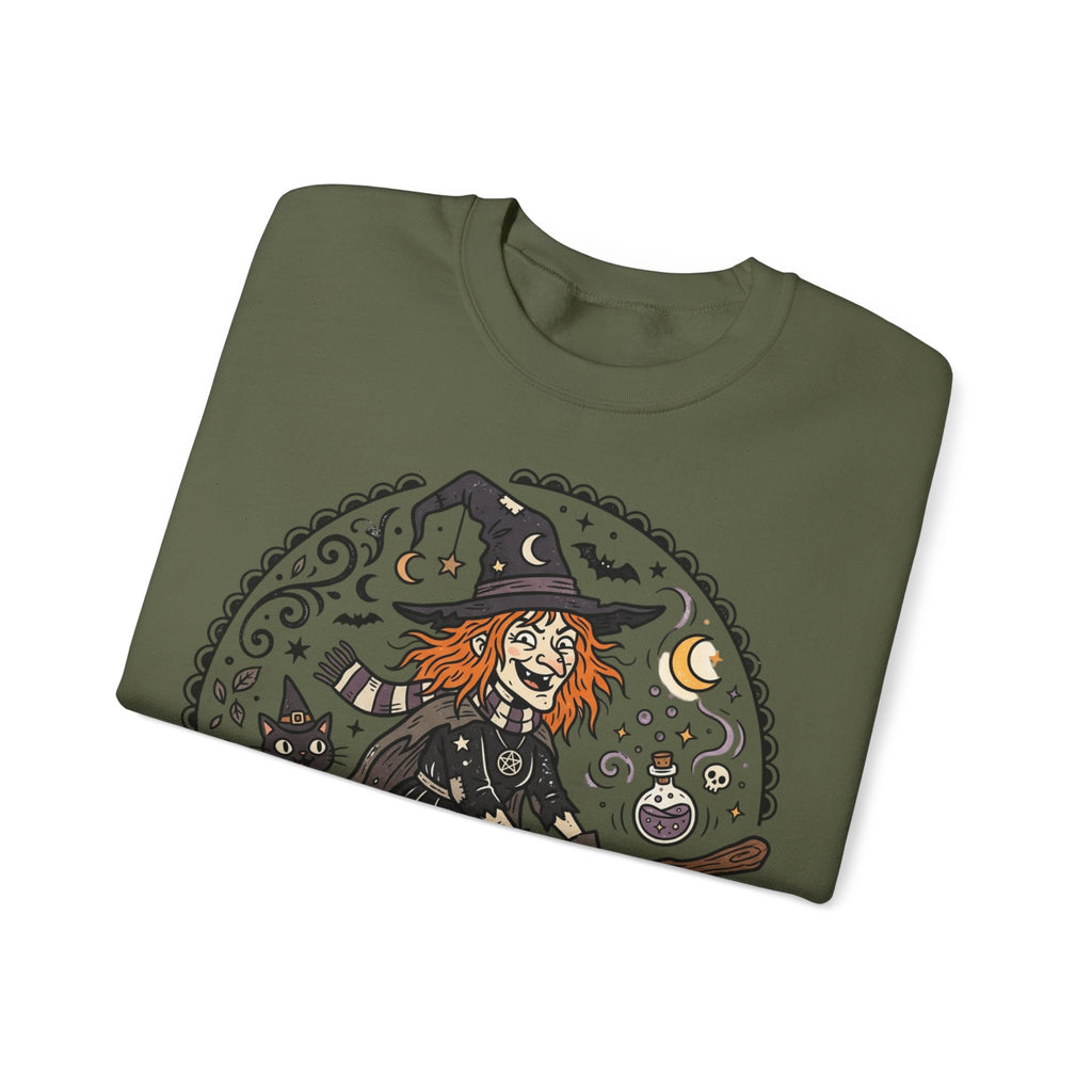 Witch & Black Cat Crewneck Sweatshirt — Halloween Witch Broom Graphic