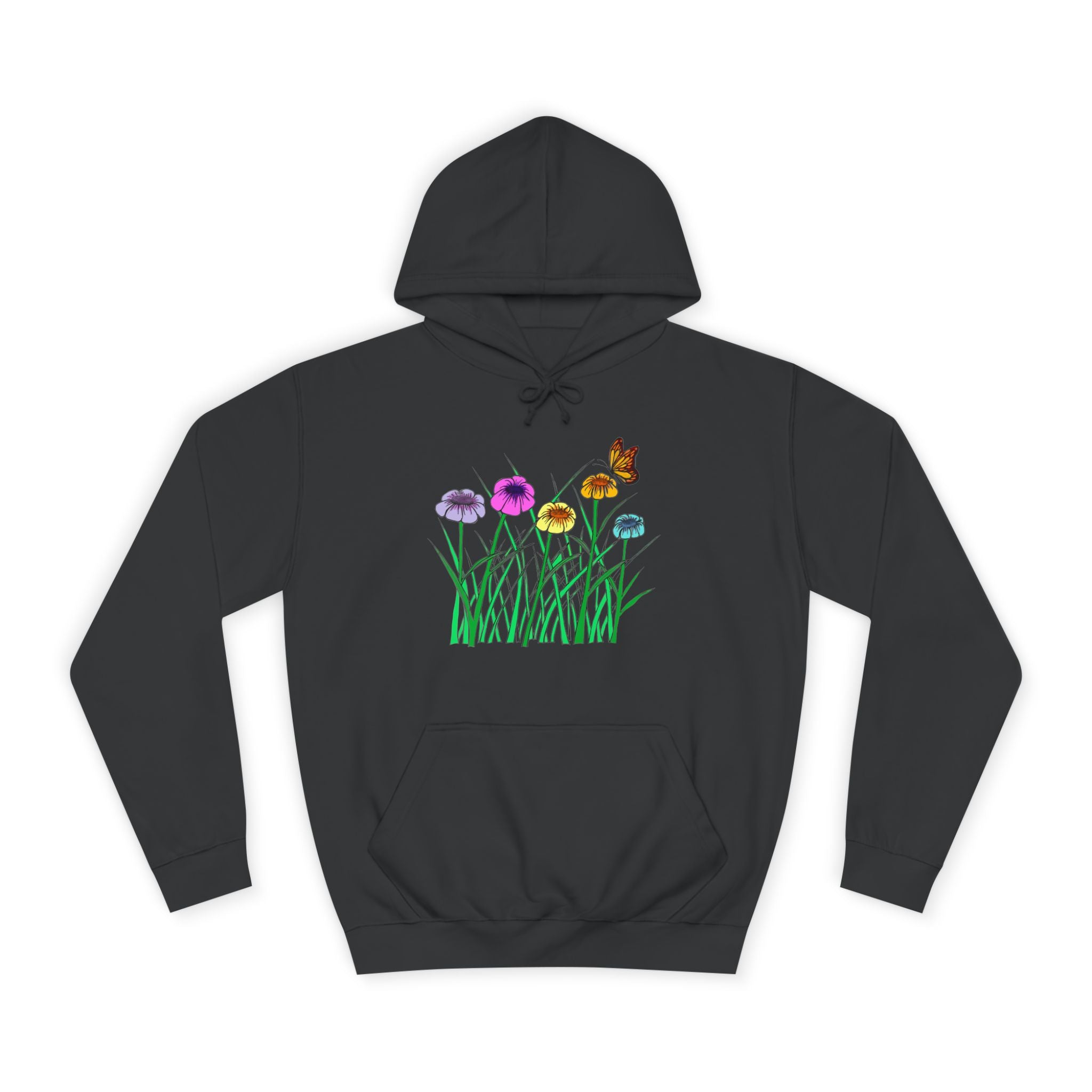 Floral Meadow Hoodie – Colorful Wildflowers & Butterfly Graphic