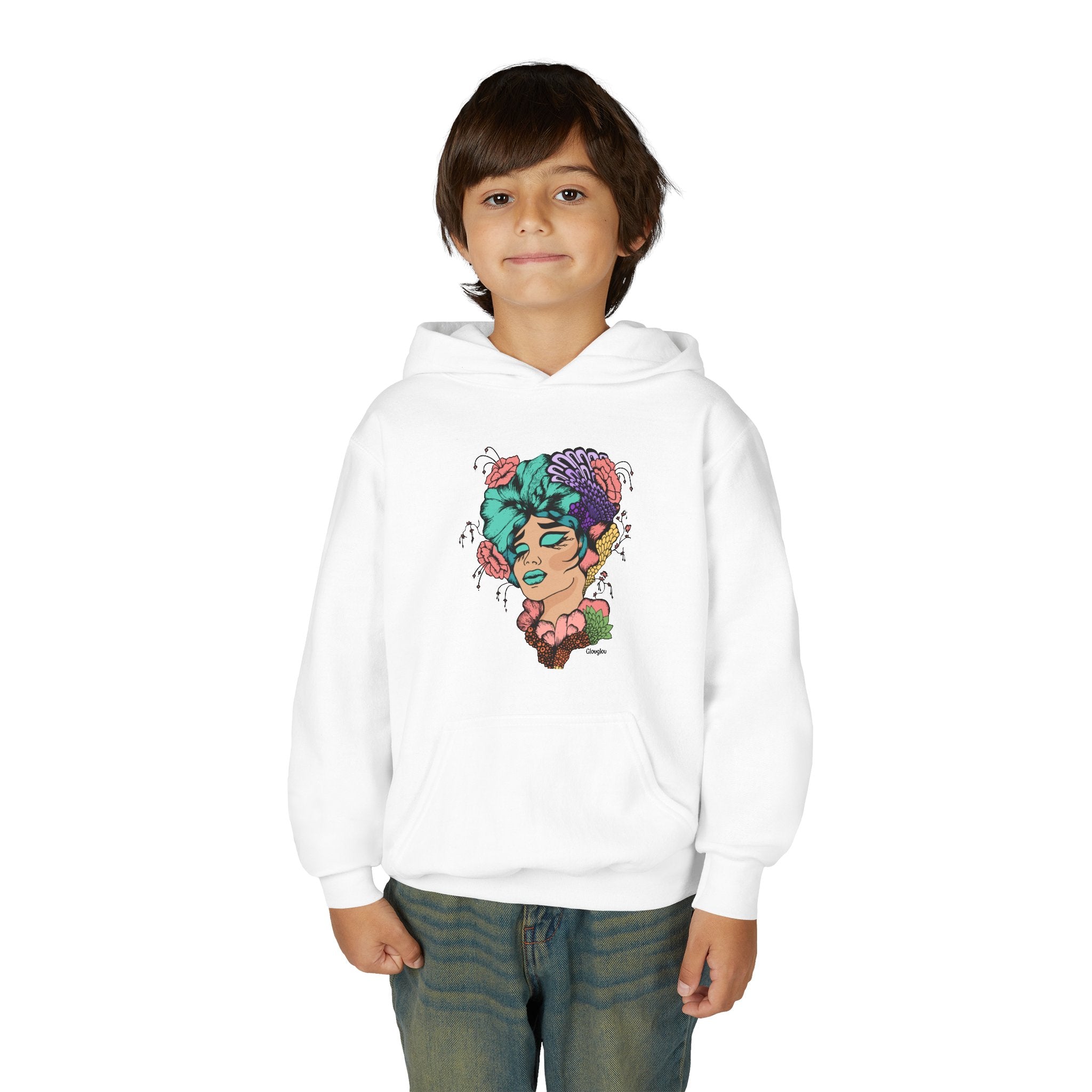 Youth Hoodie — Colorful Floral Portrait Graphic