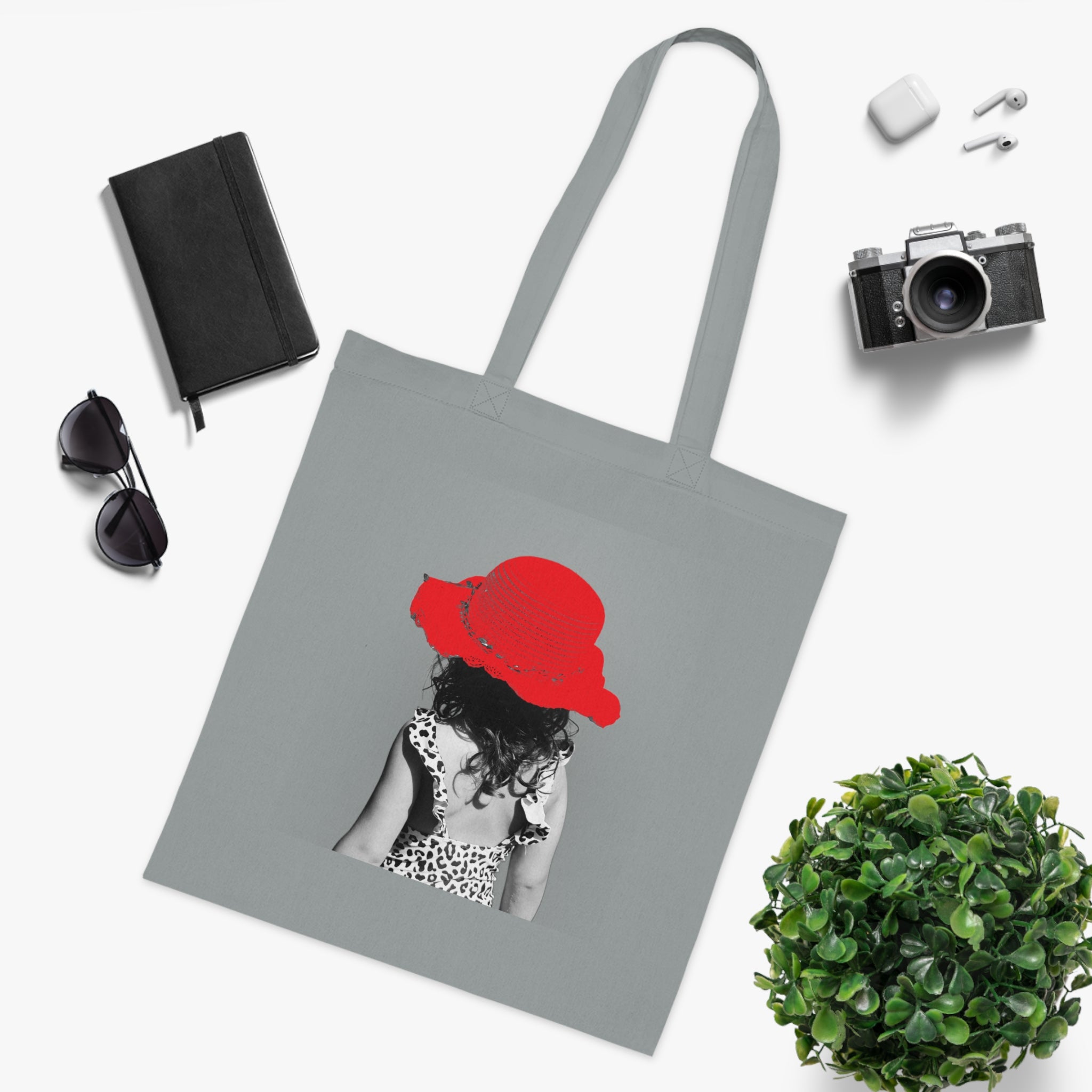 Red Hat Girl Cotton Tote — Vintage Black & White Photo Tote Bag