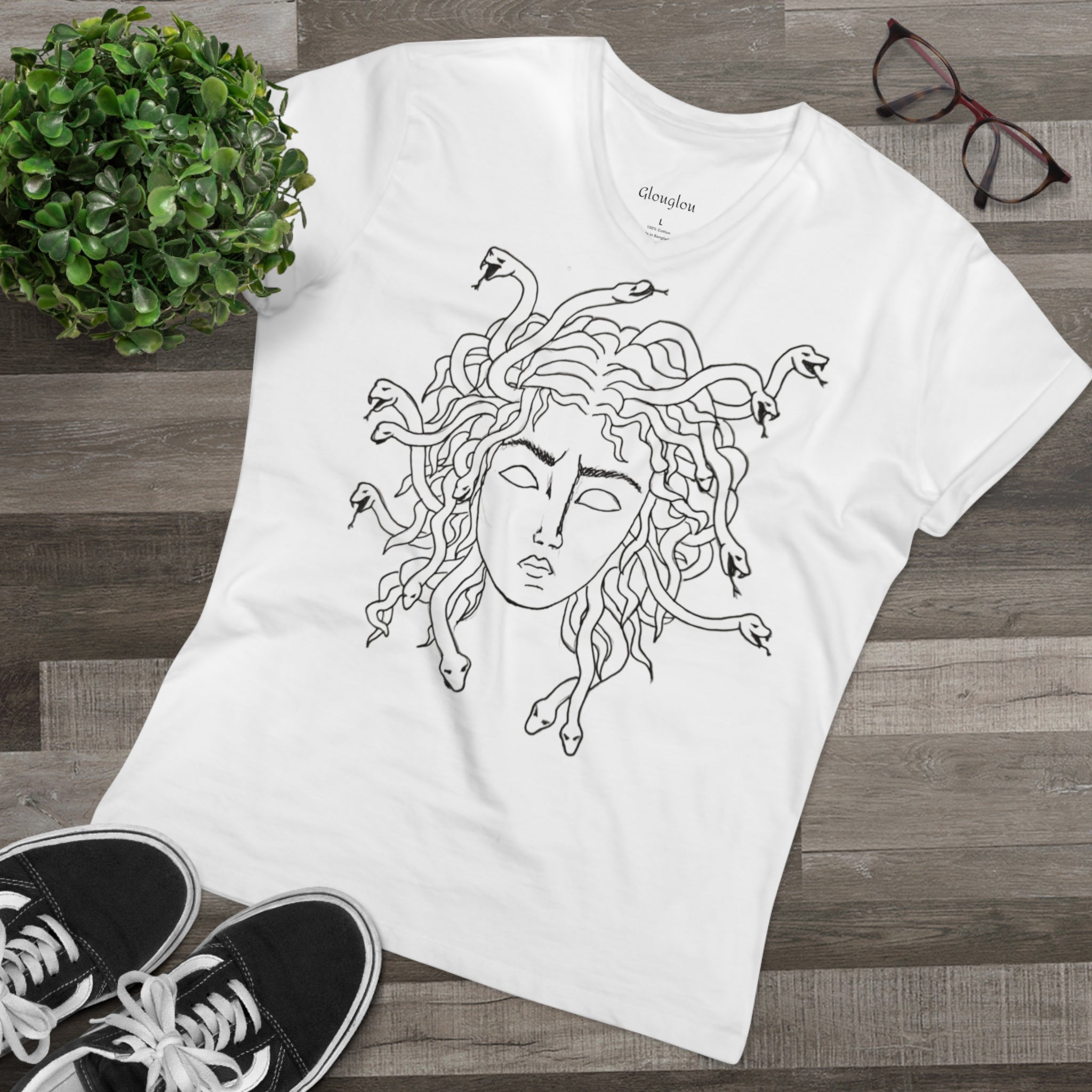 Medusa Line Art V-Neck Men’s Tee — Mythical Snake Hair Graphic Shirt