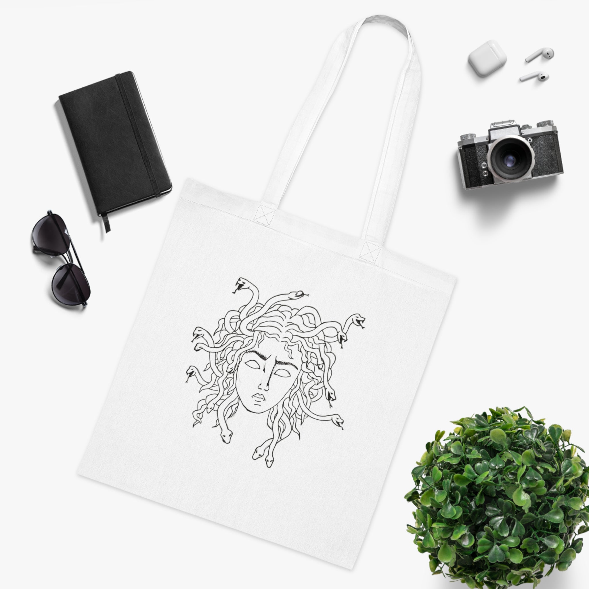 Medusa Line Art Cotton Tote Bag – Mythical Greek Goddess Illustration
