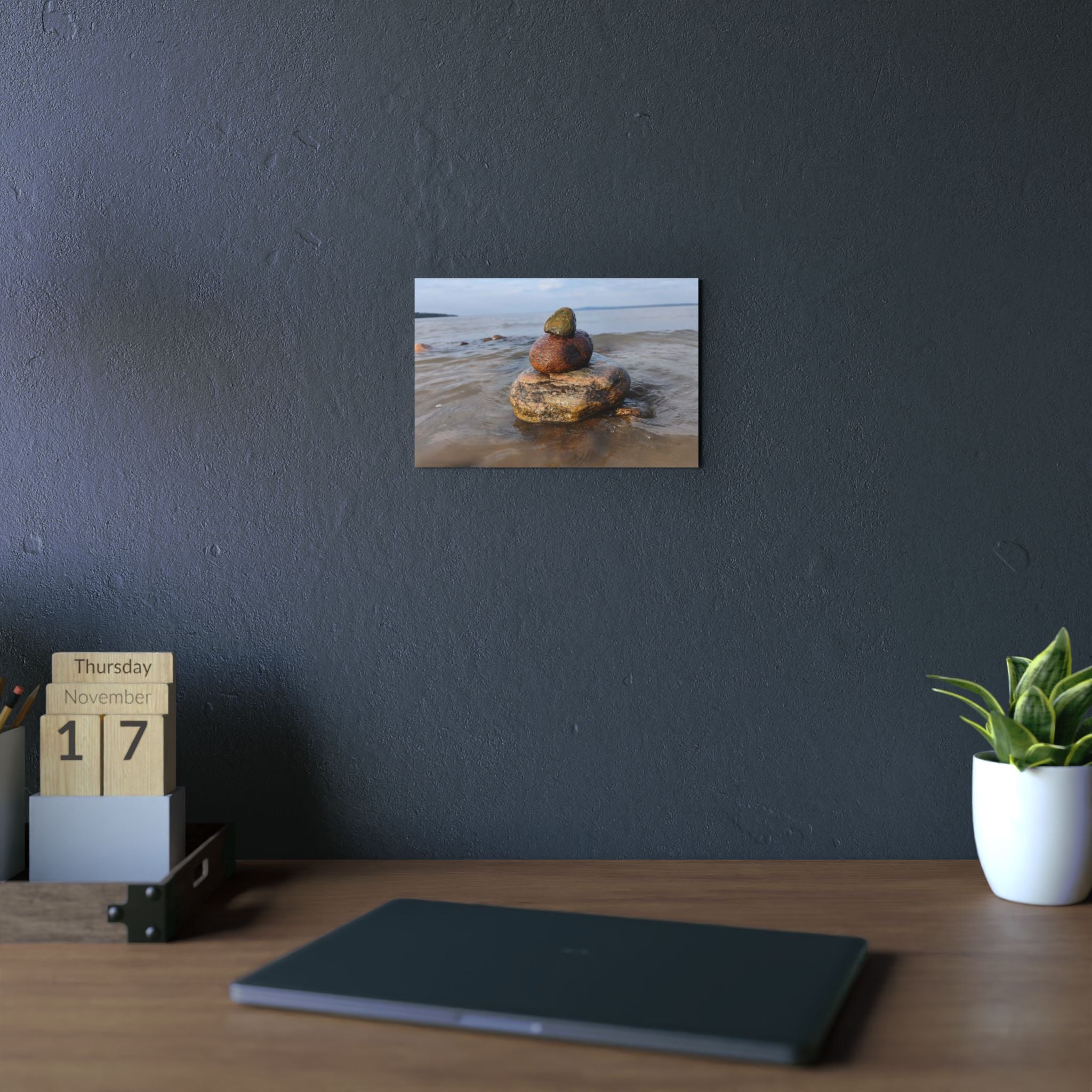 Stacked Beach Rocks Aluminum Panel Wall Art — Serene Coastal Zen Photo Print
