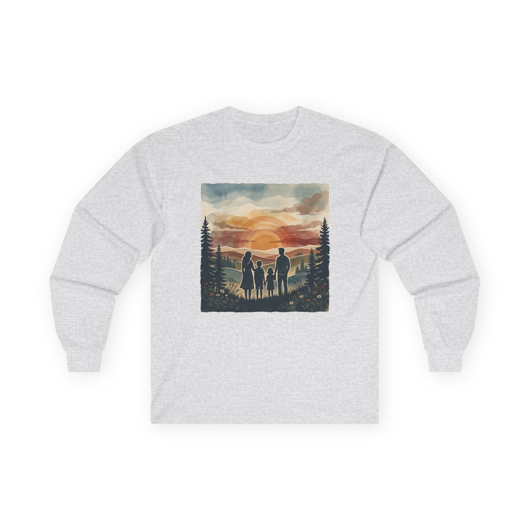 Family Camping Sunset Long Sleeve Tee — Silhouette Outdoor Graphic Shirt