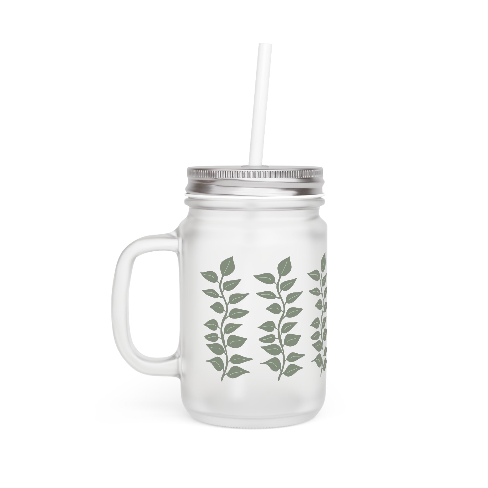 Frosted Mason Jar Tumbler with Green Leaf Vines – Insulated Straw Mug