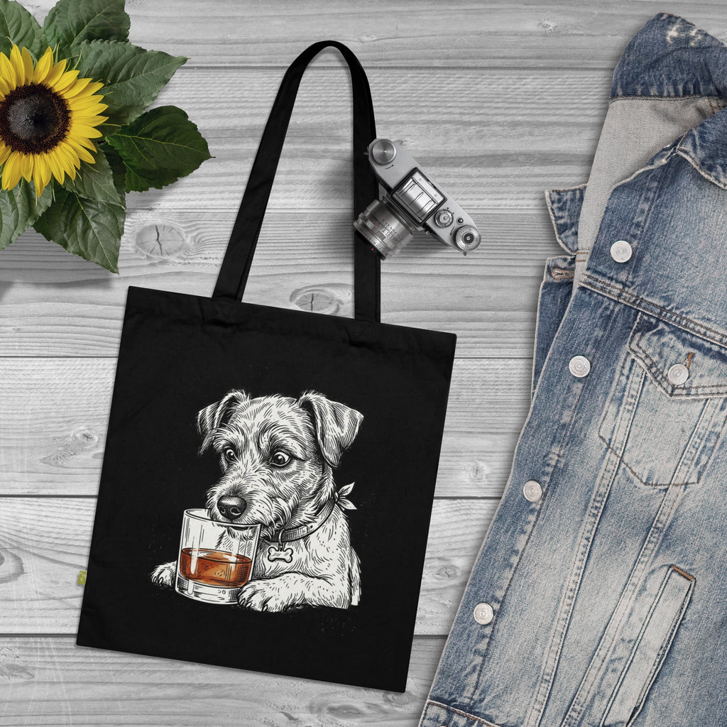 Tote Bag — Jack Russell Drinking Whiskey Illustration Organic Cotton Tote