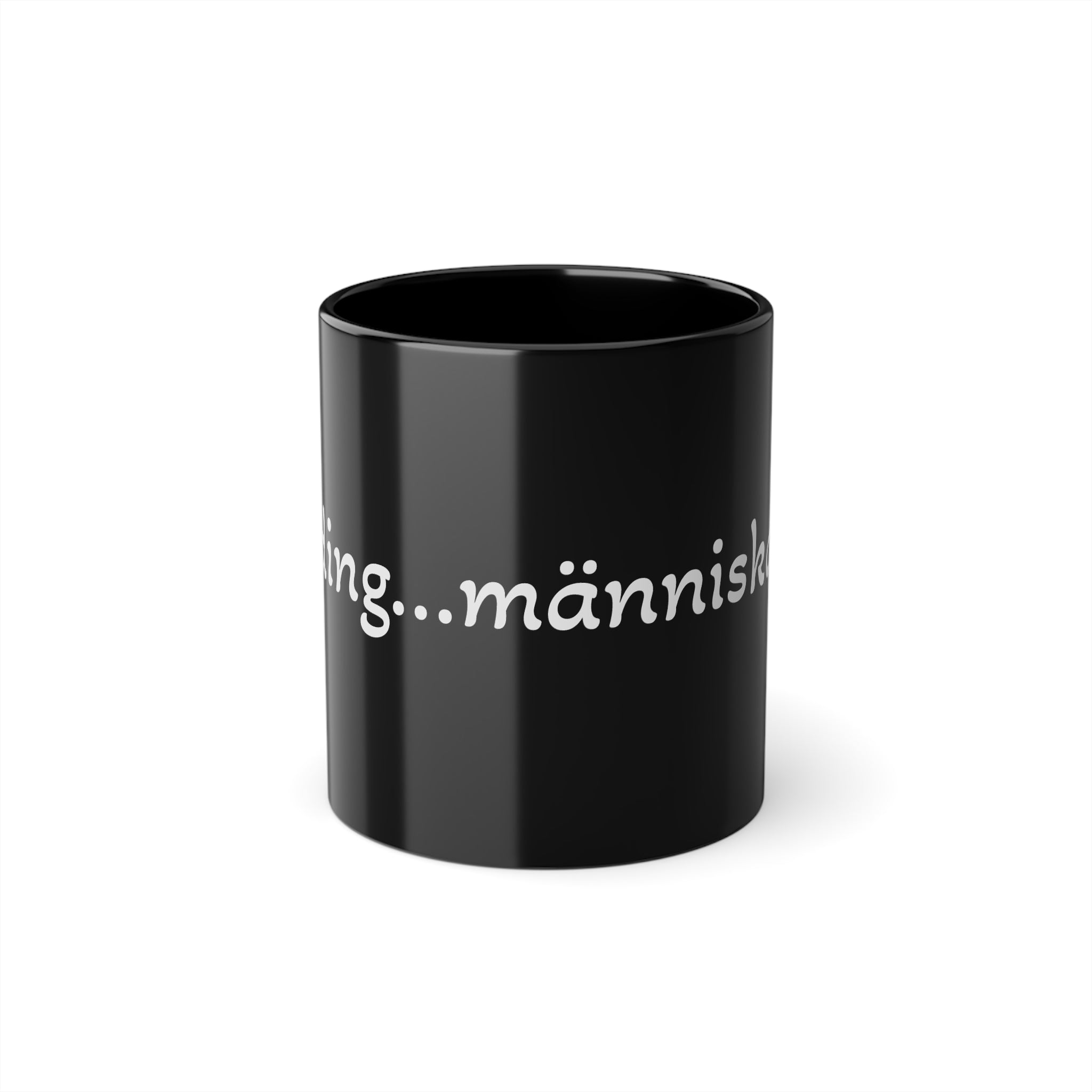 Black 11oz Coffee Mug — 'människa' Swedish Text Ceramic Cup, Funny Minimalist Gift for Coffee Lovers