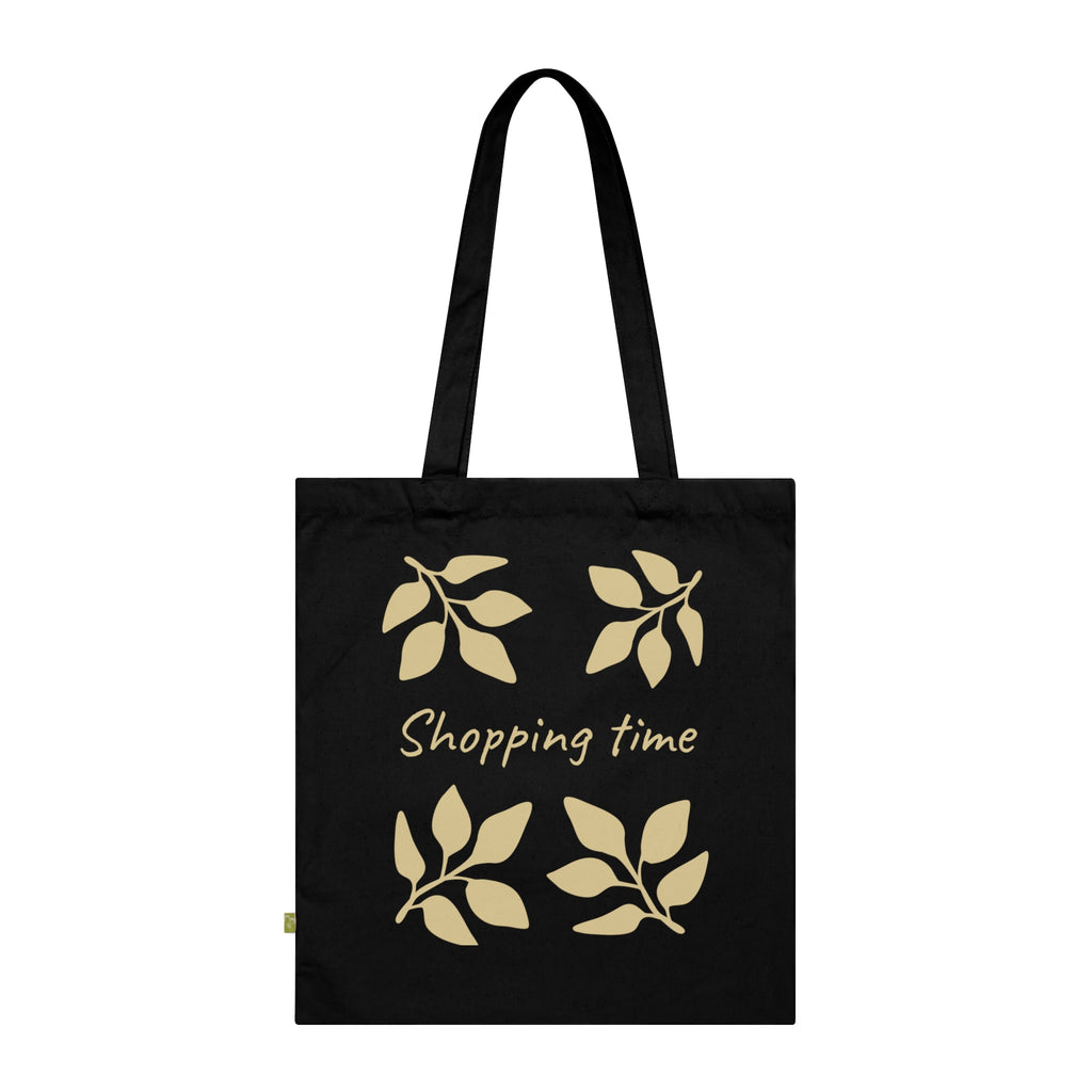Shopping Time Organic Cotton Tote — Eco-Friendly Reusable Grocery Bag with Leaf Design