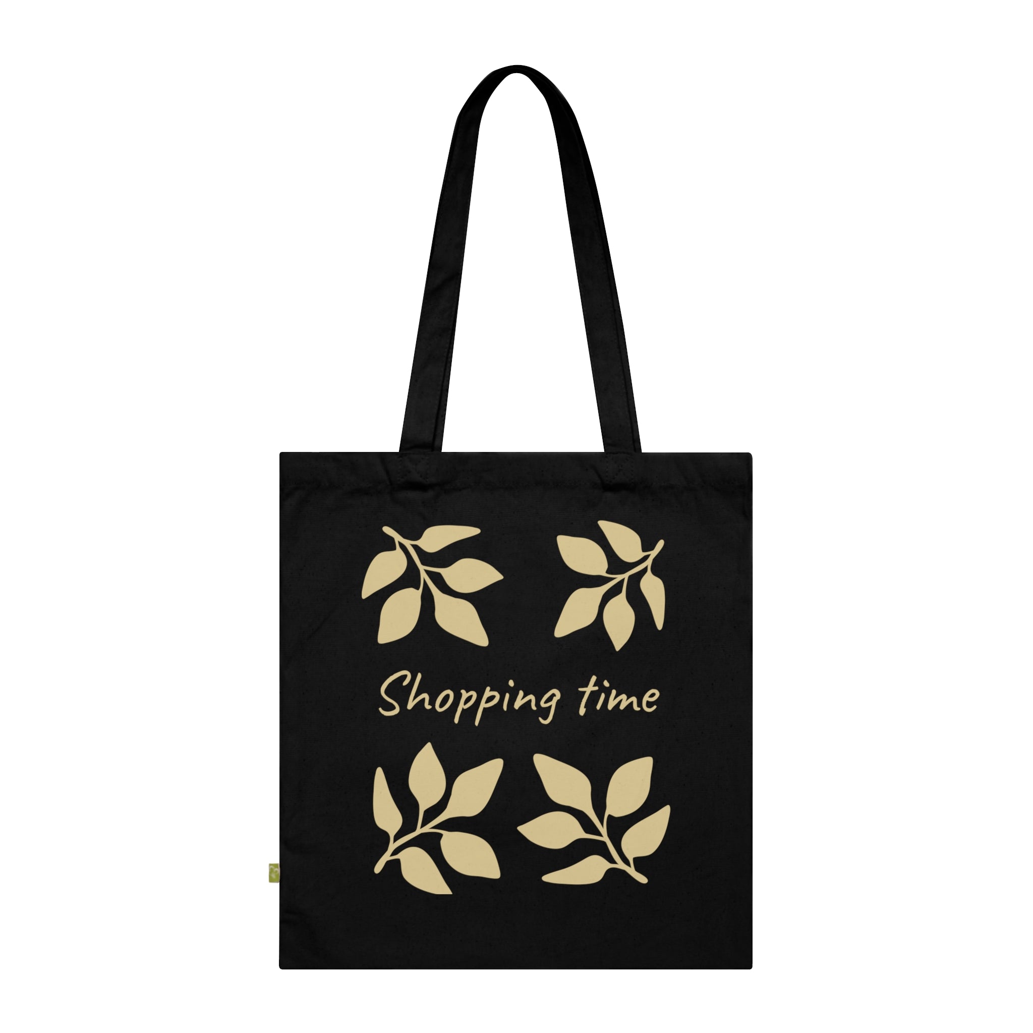 Shopping Time Organic Cotton Tote — Eco-Friendly Reusable Grocery Bag with Leaf Design