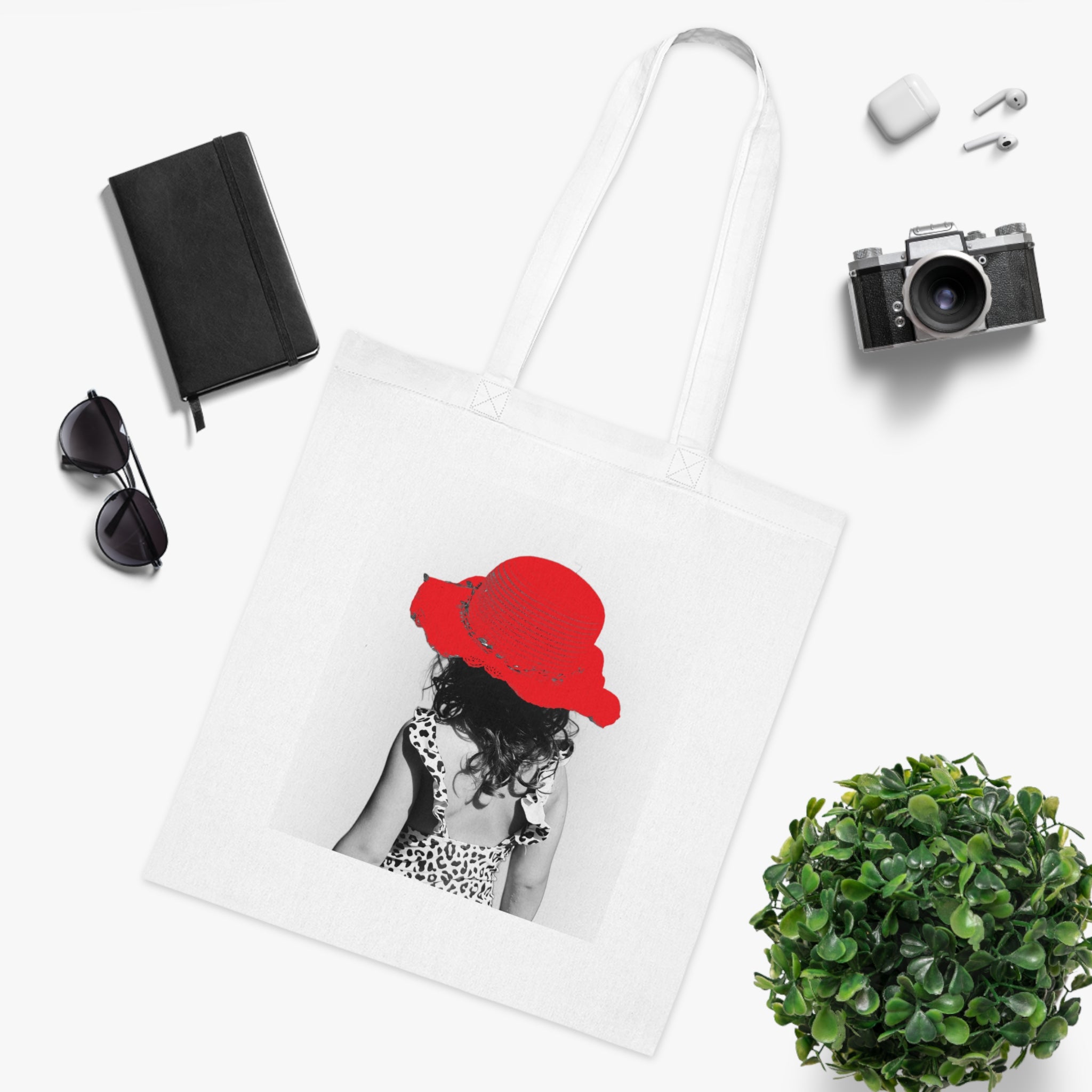 Red Hat Girl Cotton Tote — Vintage Black & White Photo Tote Bag