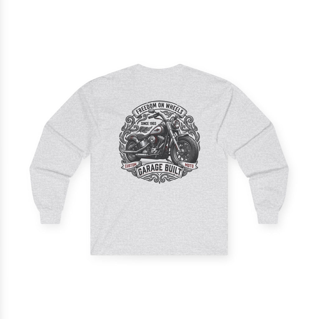 Motorcycle Garage Long Sleeve Tee — “Freedom on Wheels” Biker Shirt