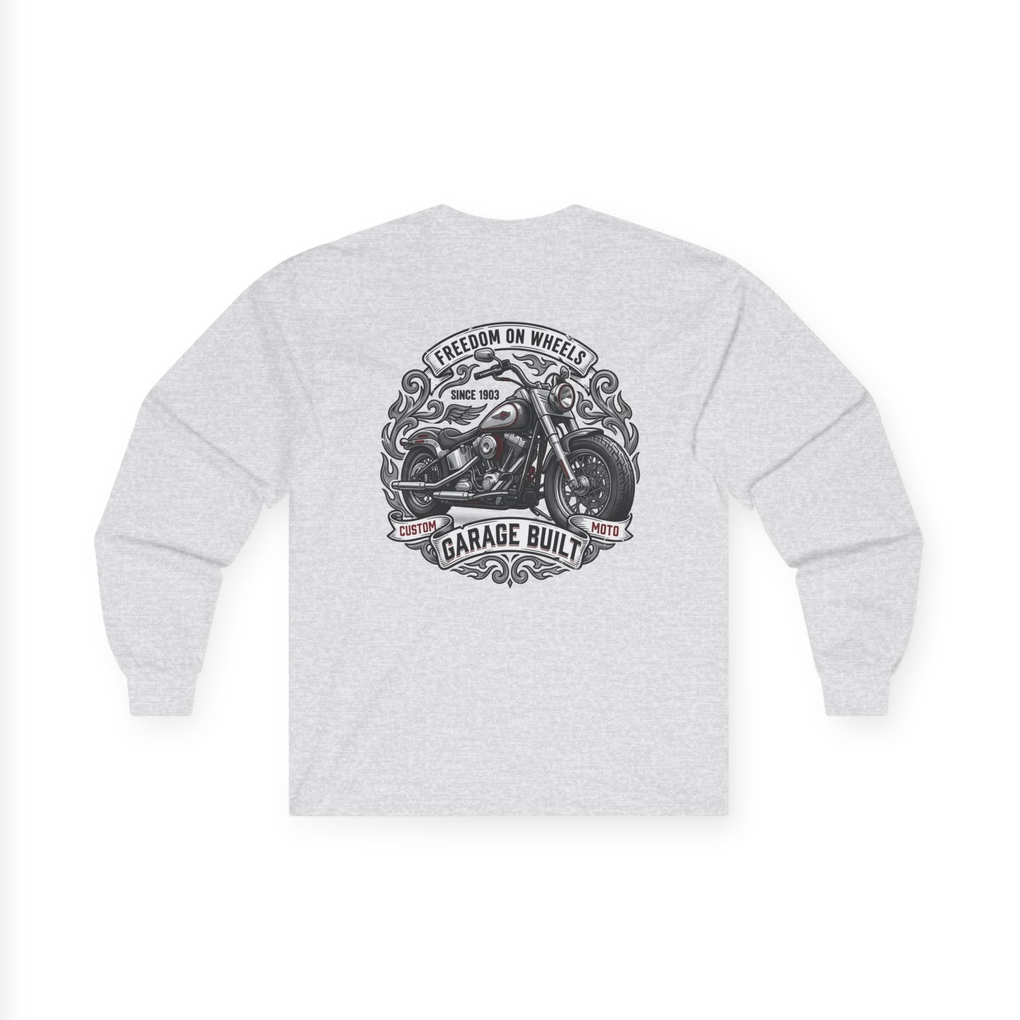 Motorcycle Garage Long Sleeve Tee — “Freedom on Wheels” Biker Shirt