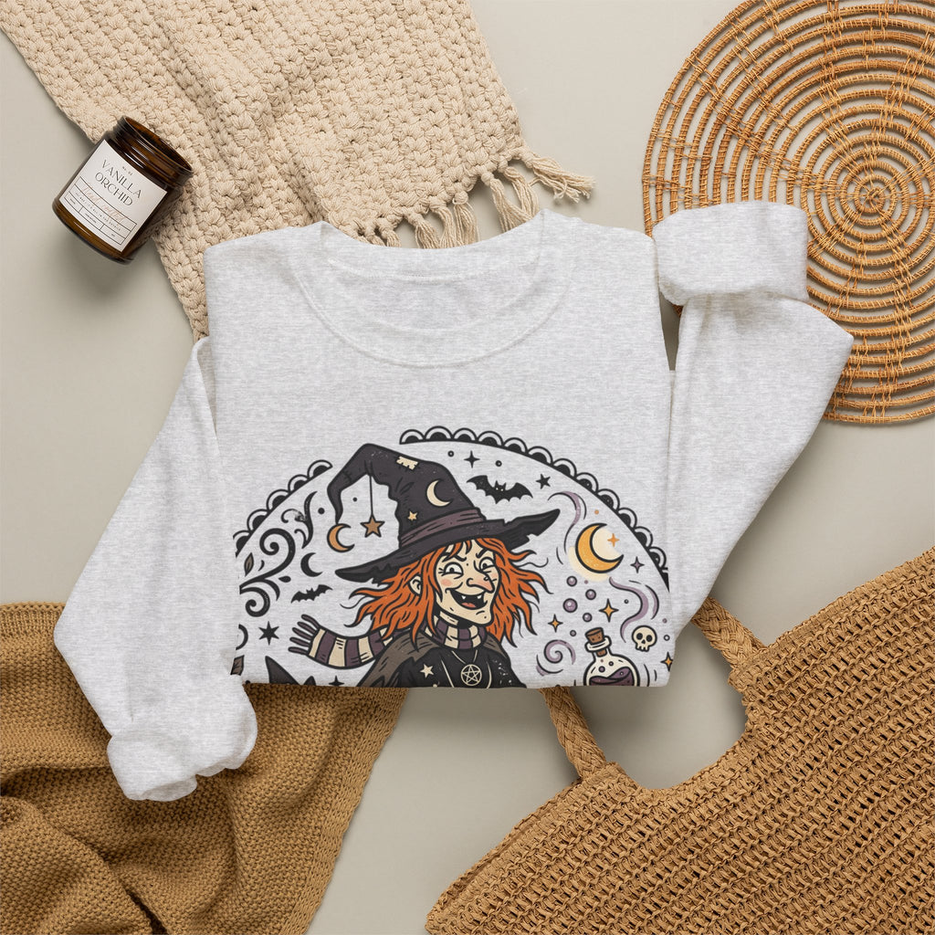 Witch & Black Cat Crewneck Sweatshirt — Halloween Witch Broom Graphic