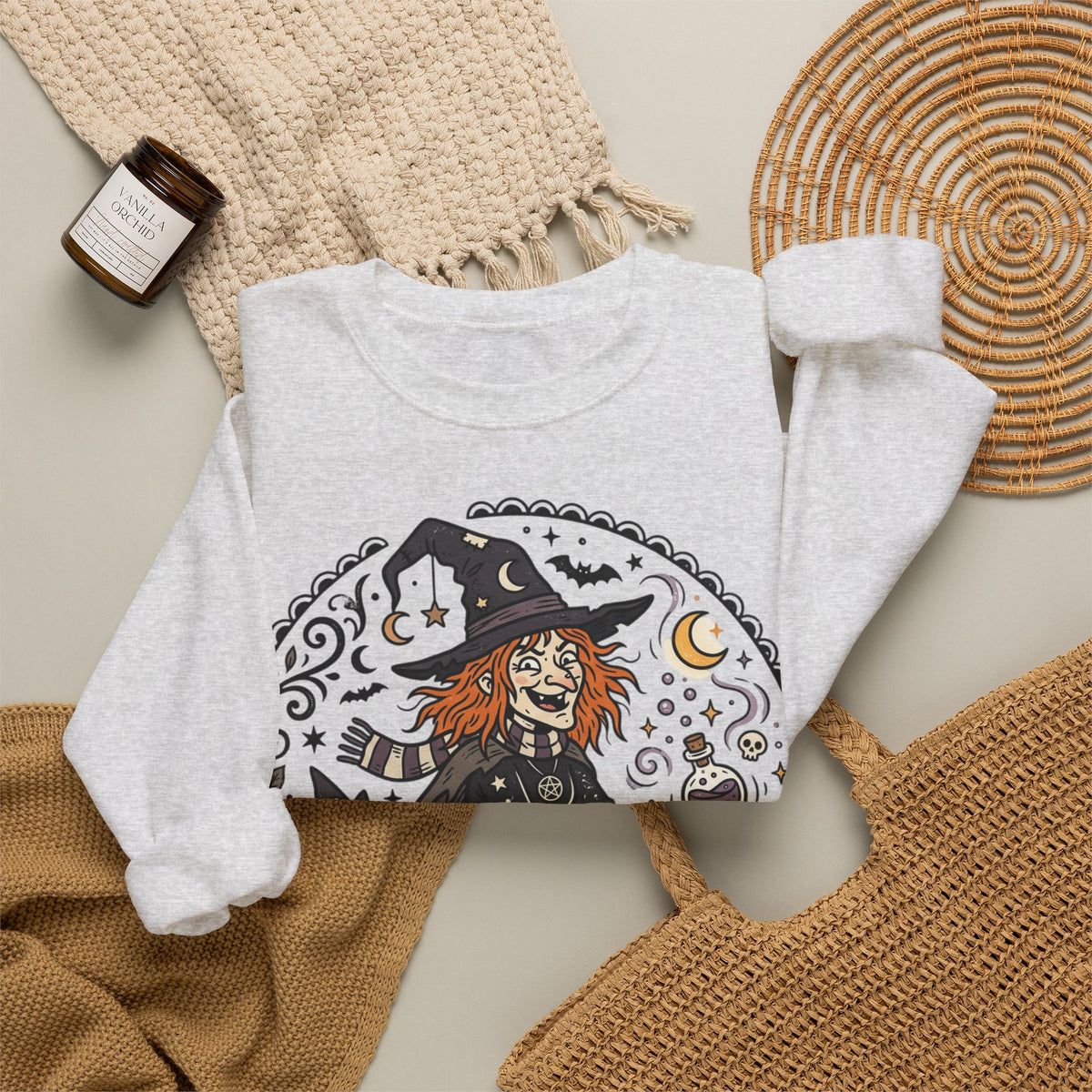 Witch & Black Cat Crewneck Sweatshirt — Halloween Witch Broom Graphic
