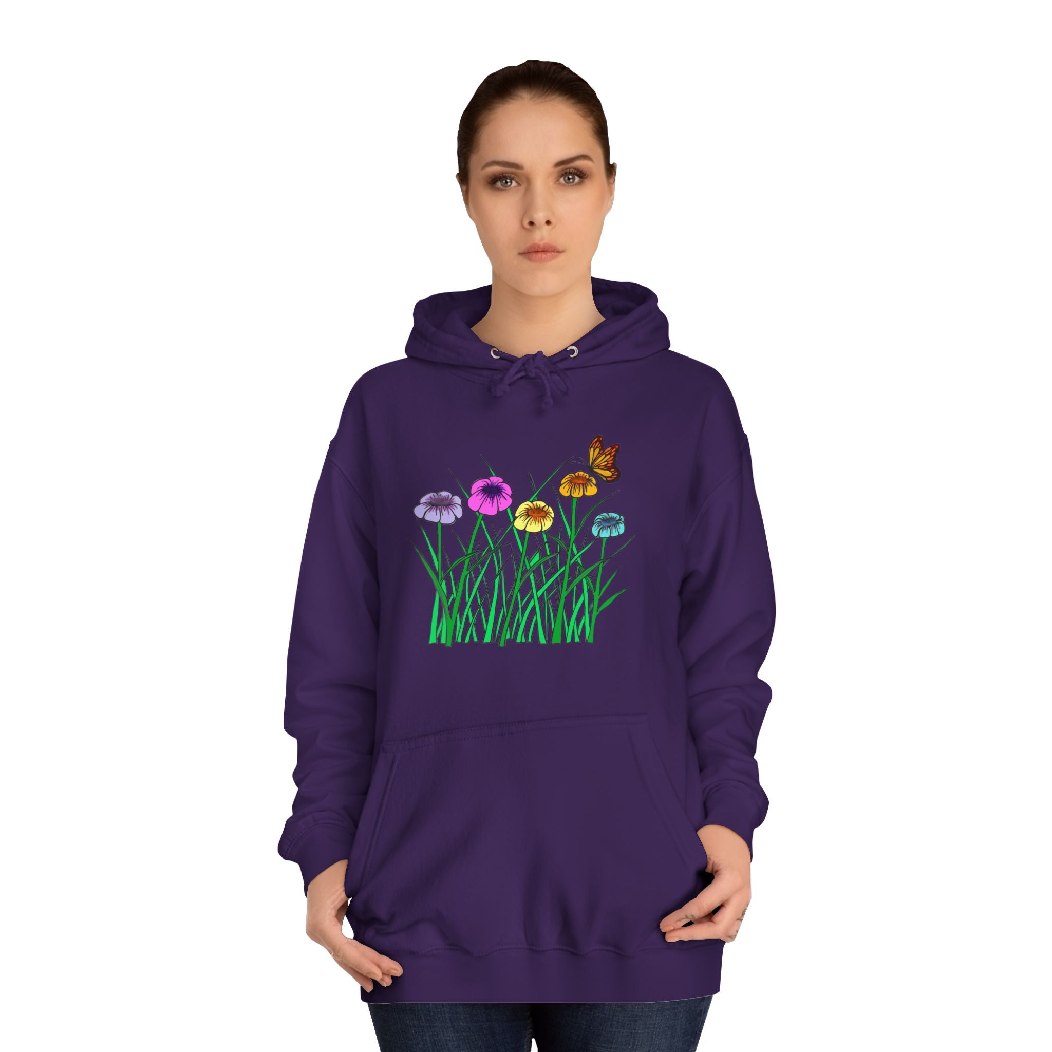 Floral Meadow Hoodie – Colorful Wildflowers & Butterfly Graphic