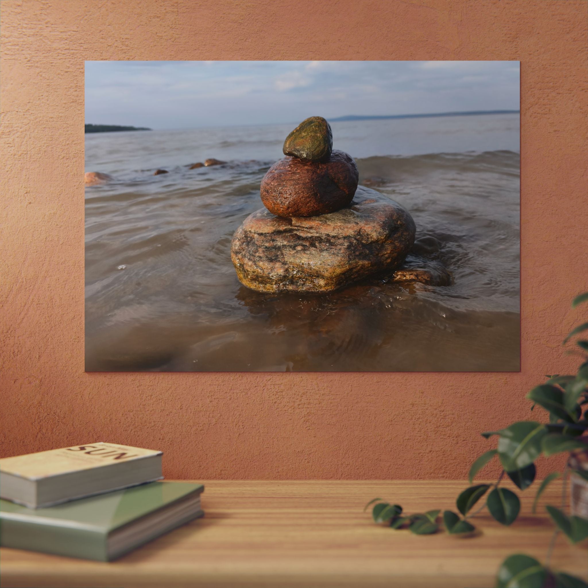 Stacked Beach Rocks Aluminum Panel Wall Art — Serene Coastal Zen Photo Print