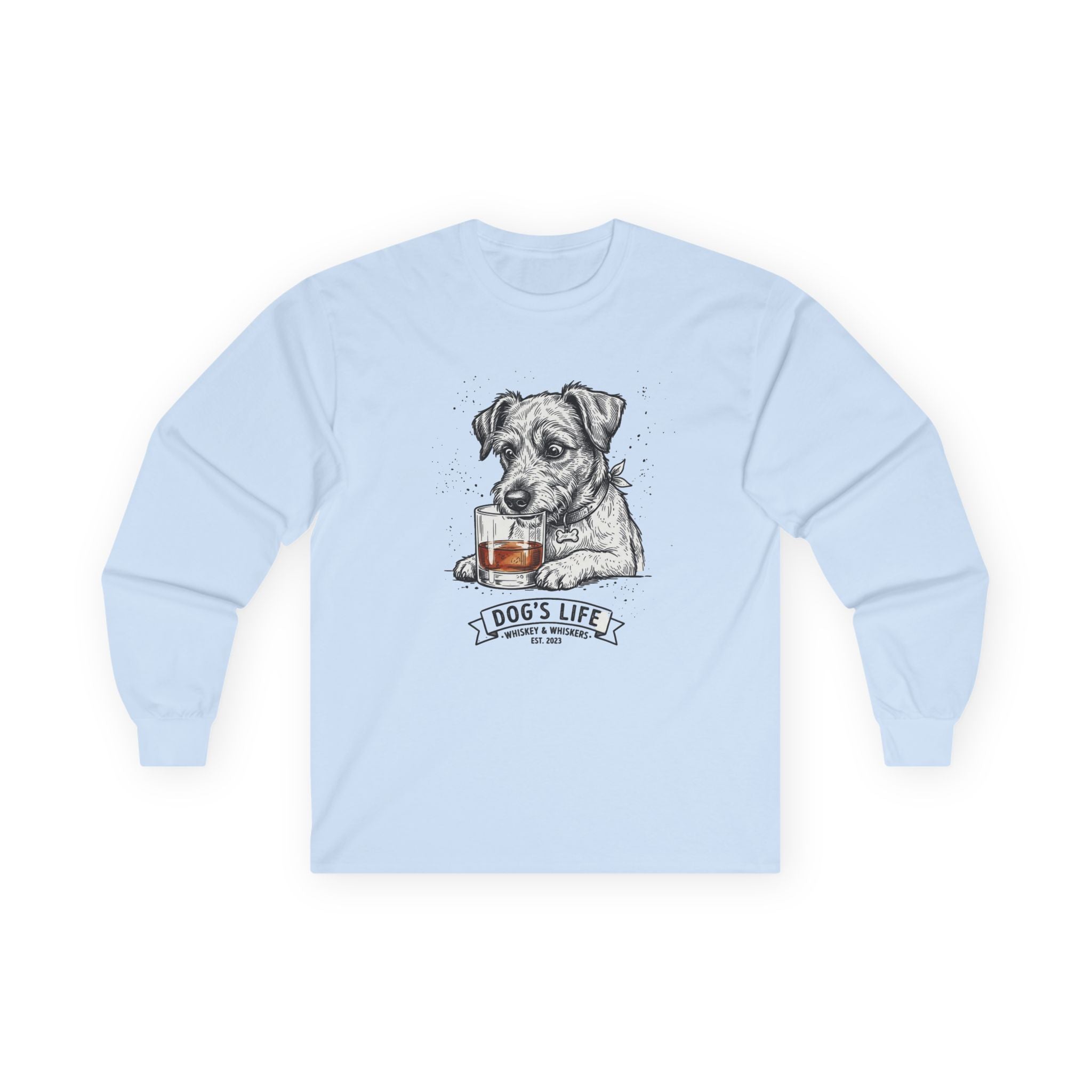 Long Sleeve Tee — "Dog's Life" Jack Russell & Whiskey Graphic