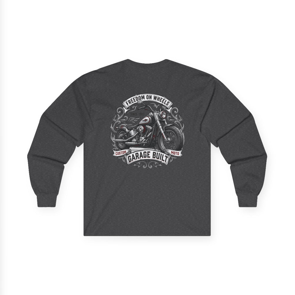 Motorcycle Garage Long Sleeve Tee — “Freedom on Wheels” Biker Shirt
