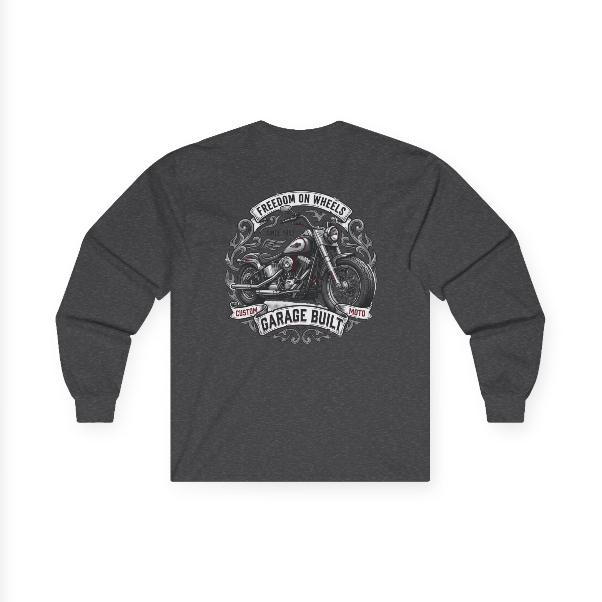 Motorcycle Garage Long Sleeve Tee — “Freedom on Wheels” Biker Shirt