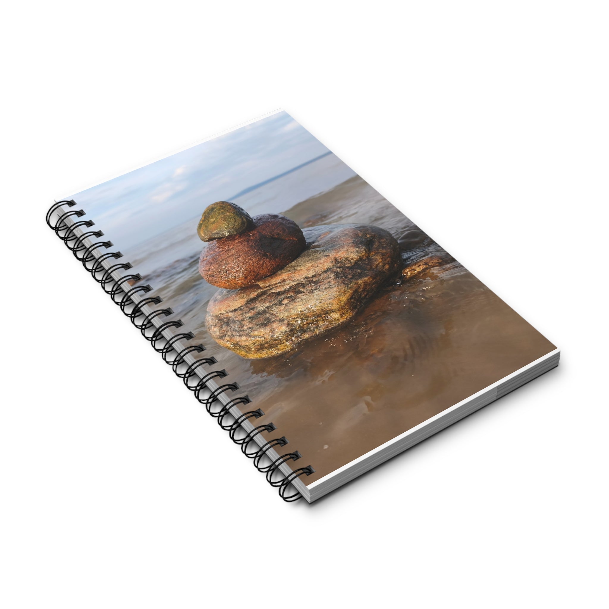 Rock Stack Spiral Journal — Coastal Beach Photography Notebook for Mindful Journaling