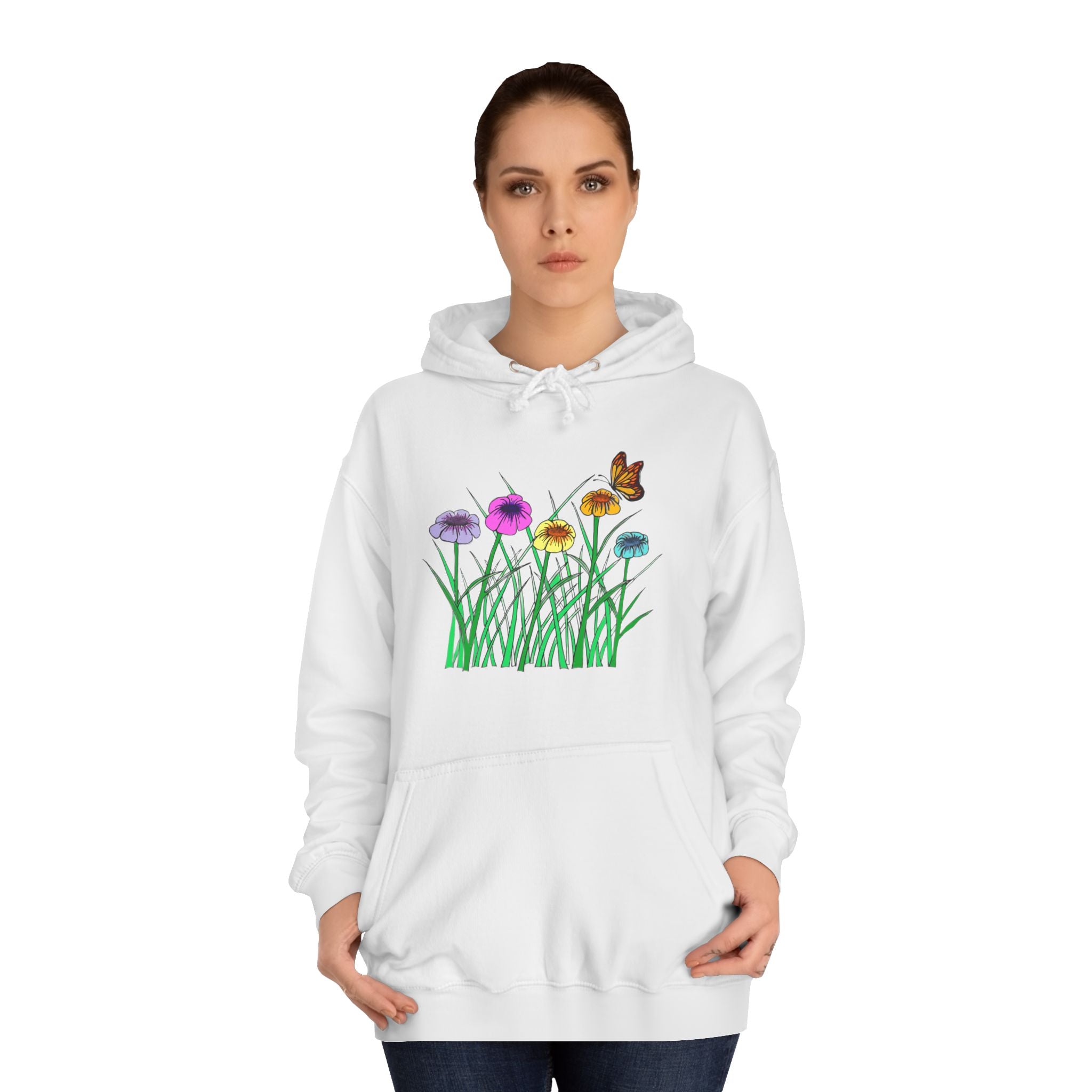 Floral Meadow Hoodie – Colorful Wildflowers & Butterfly Graphic