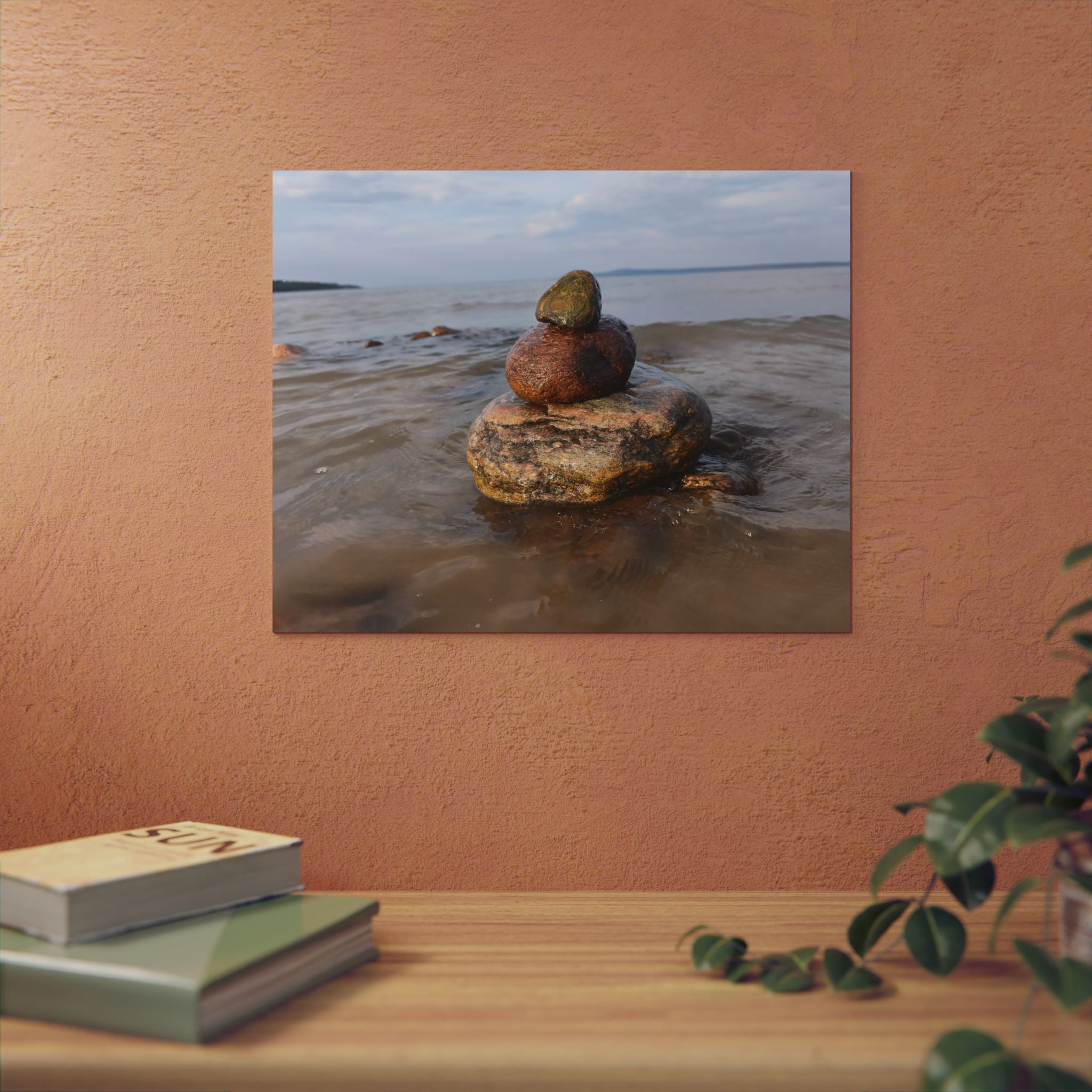 Stacked Beach Rocks Aluminum Panel Wall Art — Serene Coastal Zen Photo Print