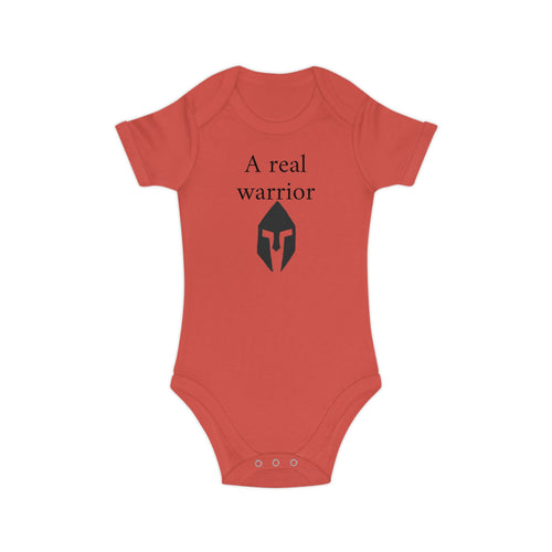 Baby Bodysuit “A Real Warrior” – Infant Onesie with Spartan Helmet Design