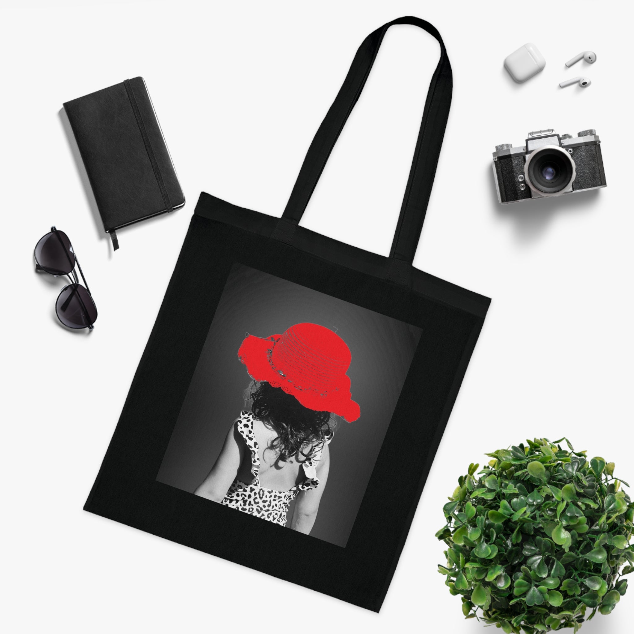 Red Hat Girl Cotton Tote — Vintage Black & White Photo Tote Bag