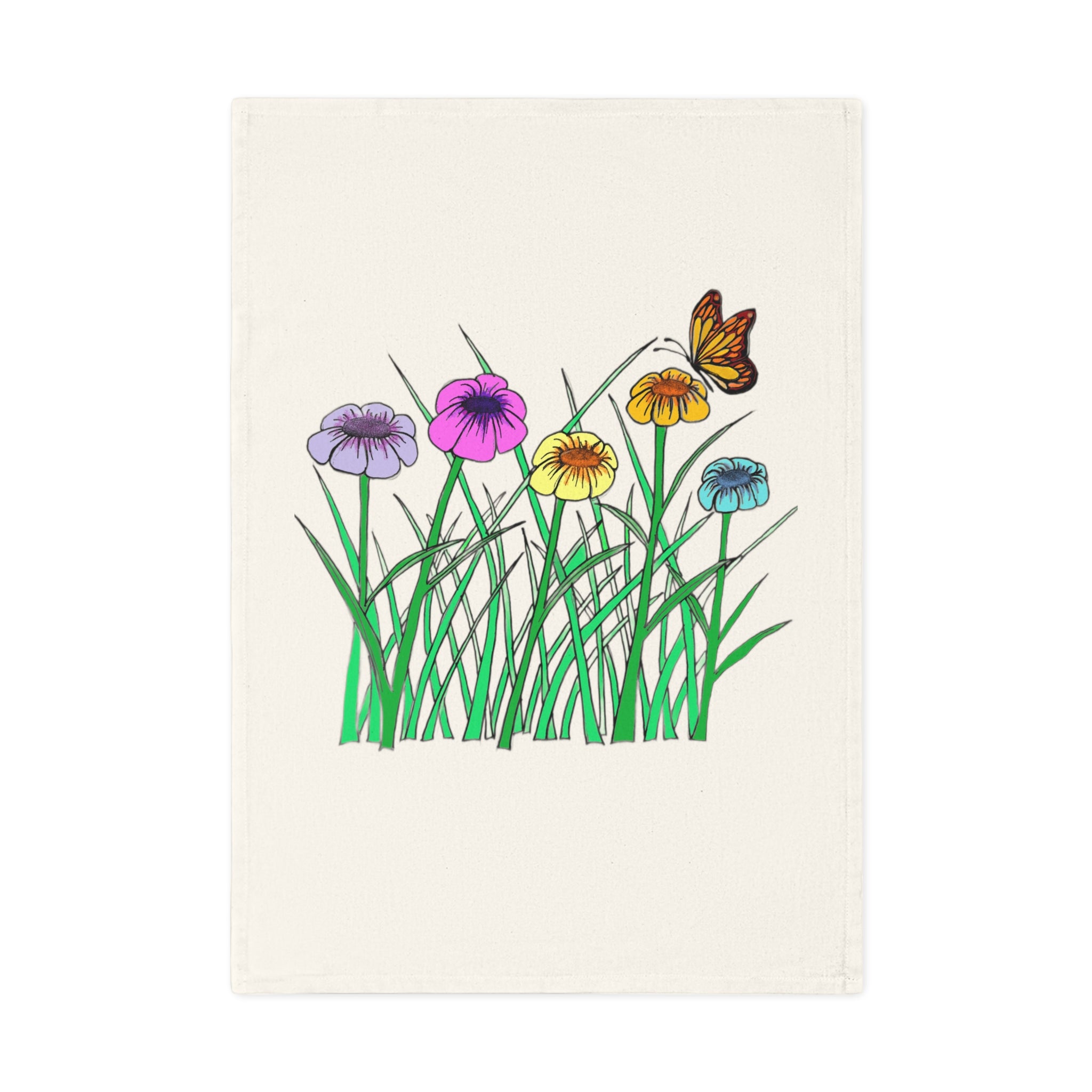 Floral Meadow Cotton Tea Towel — Colorful Wildflowers & Butterfly Kitchen Towel