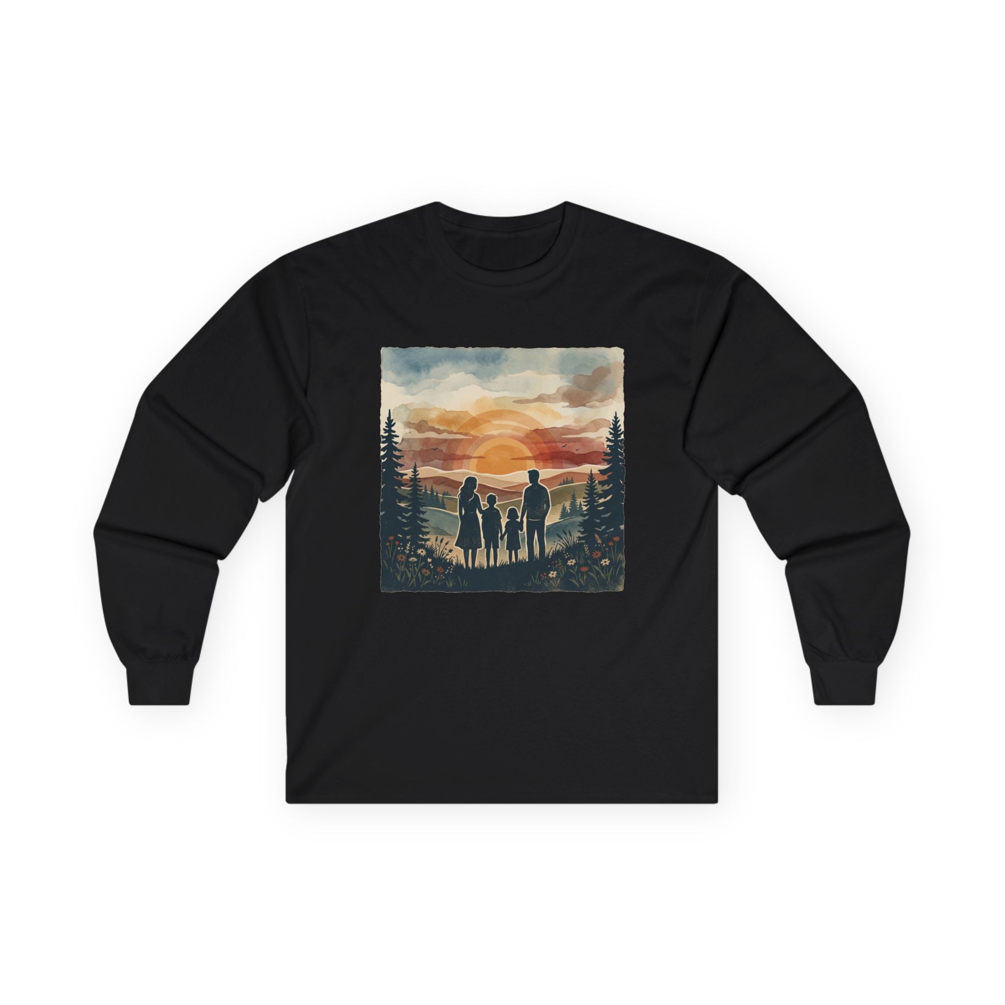 Family Camping Sunset Long Sleeve Tee — Silhouette Outdoor Graphic Shirt