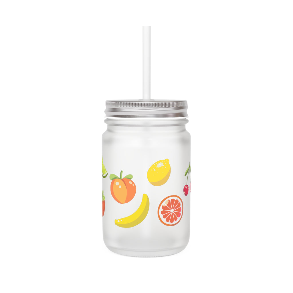 Fruit Pattern Mason Jar Cup with Straw — Summer Picnic Drink Tumbler