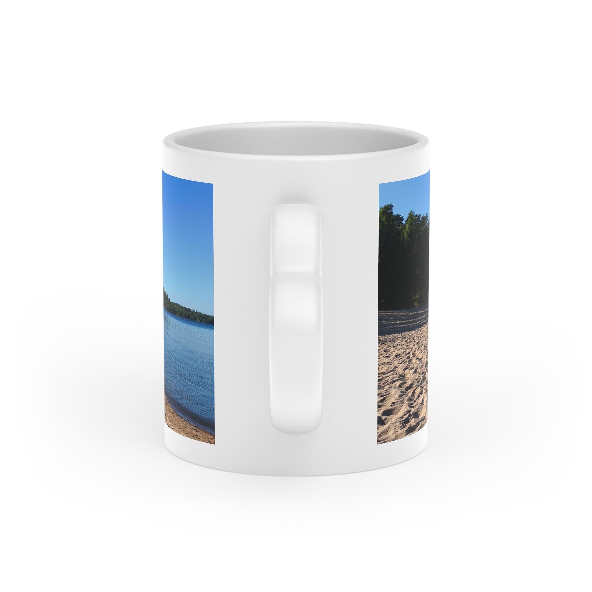 Scenic Lakeside Beach Mug — Sunrise Shore Photo Coffee Cup