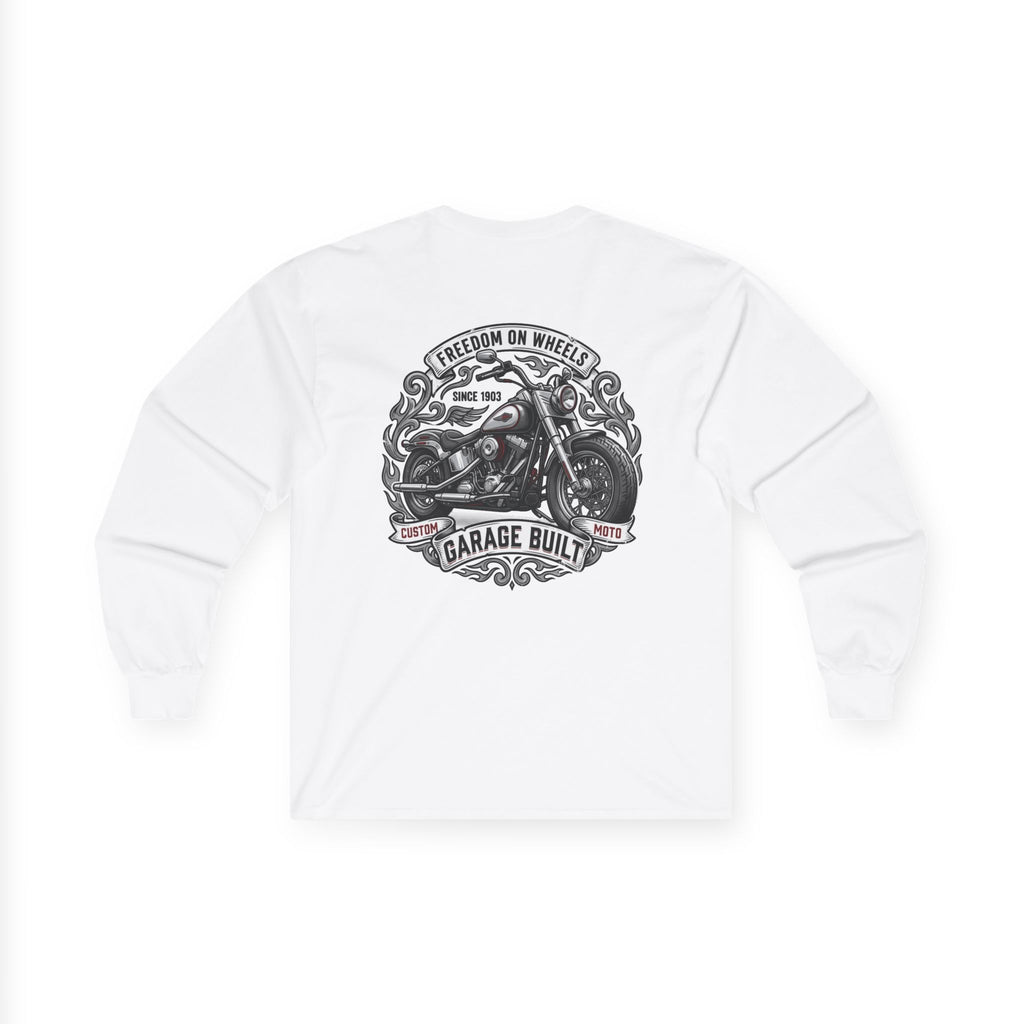 Motorcycle Garage Long Sleeve Tee — “Freedom on Wheels” Biker Shirt